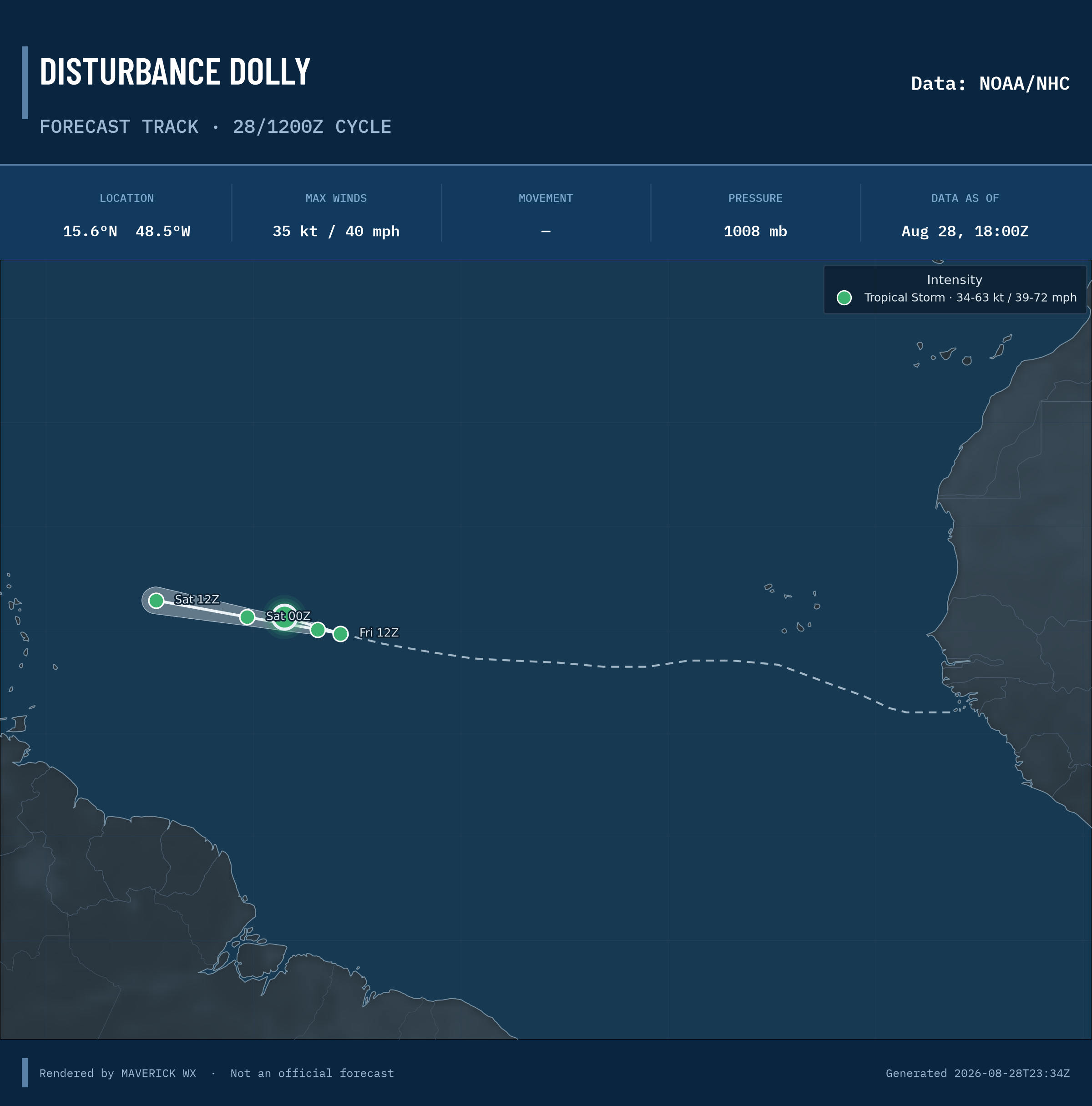 NHC forecast for Disturbance Dolly, Best track; rendered by MaverickWX