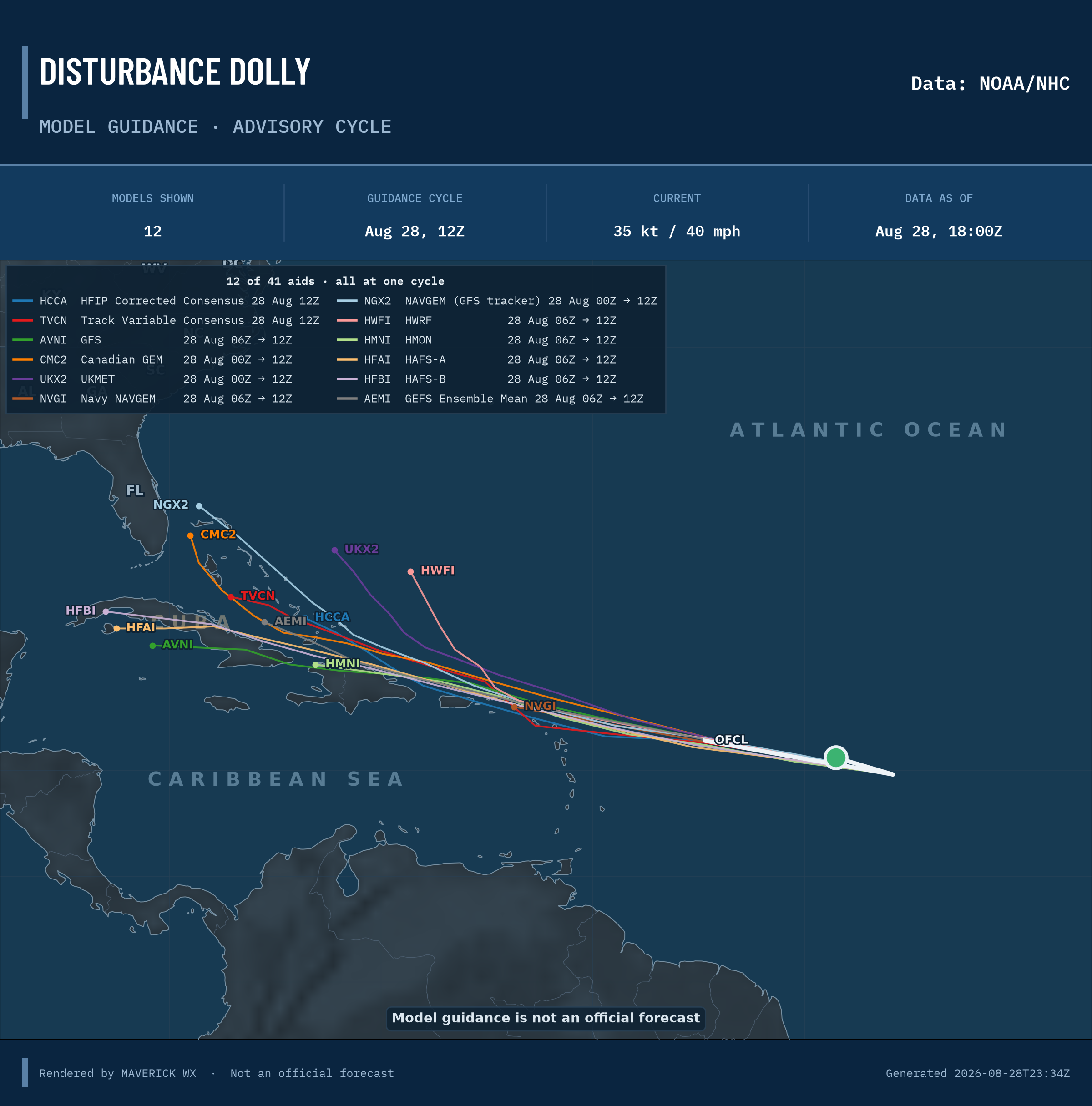 The models’ tracks, which are not a forecast for Disturbance Dolly, NHC Best track