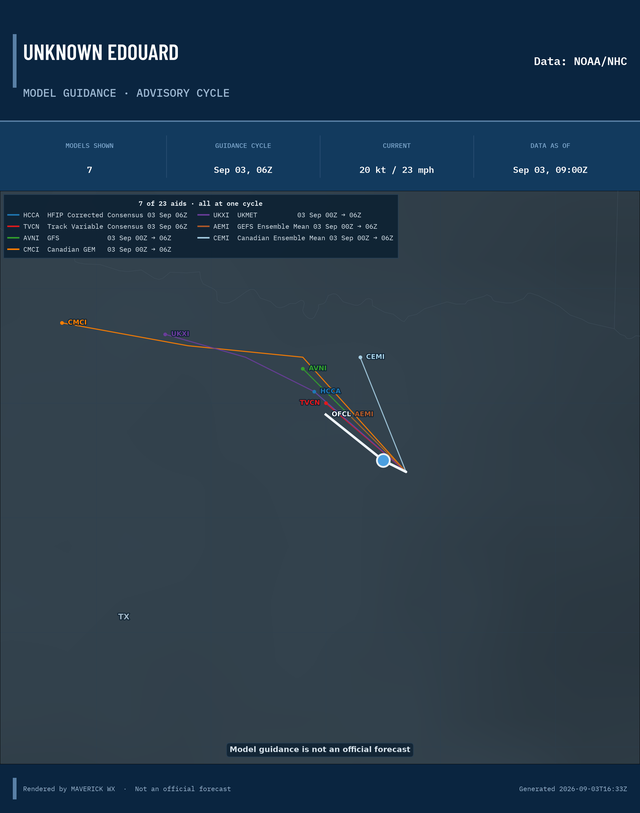 The models’ tracks, which are not a forecast for Unknown Edouard, NHC Advisory 12