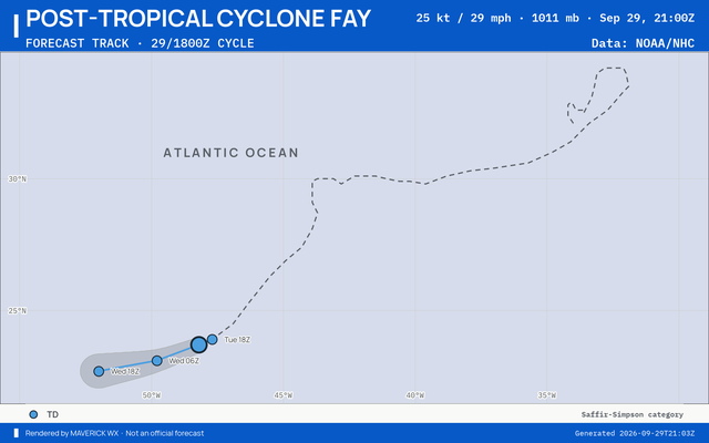 The official forecast track for Post-Tropical Cyclone Fay, NHC Advisory 39
