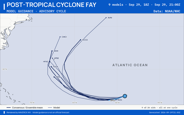 The models’ tracks, which are not a forecast for Post-Tropical Cyclone Fay, NHC Advisory 39