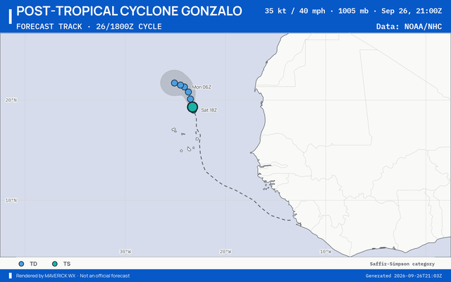 The official forecast track for Post-Tropical Cyclone Gonzalo, NHC Advisory 8