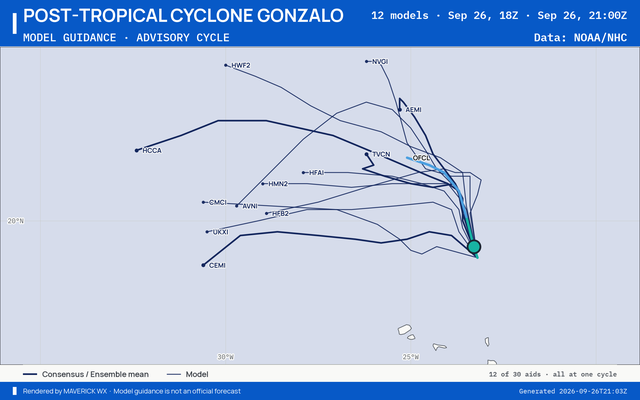 The models’ tracks, which are not a forecast for Post-Tropical Cyclone Gonzalo, NHC Advisory 8