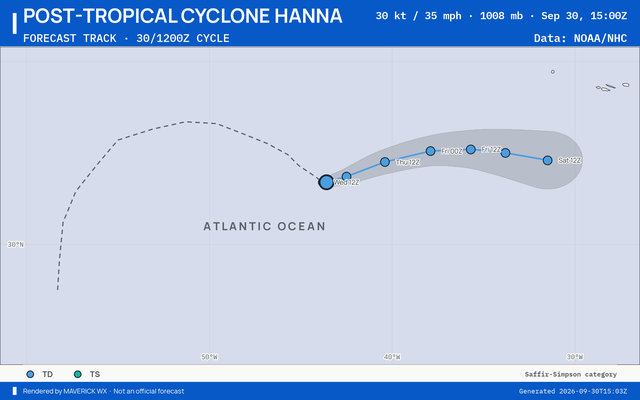 The official forecast track for Post-Tropical Cyclone Hanna, NHC Advisory 9