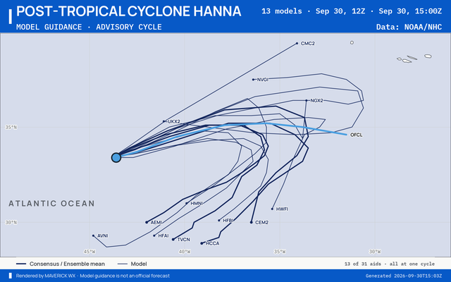 The models’ tracks, which are not a forecast for Post-Tropical Cyclone Hanna, NHC Advisory 9