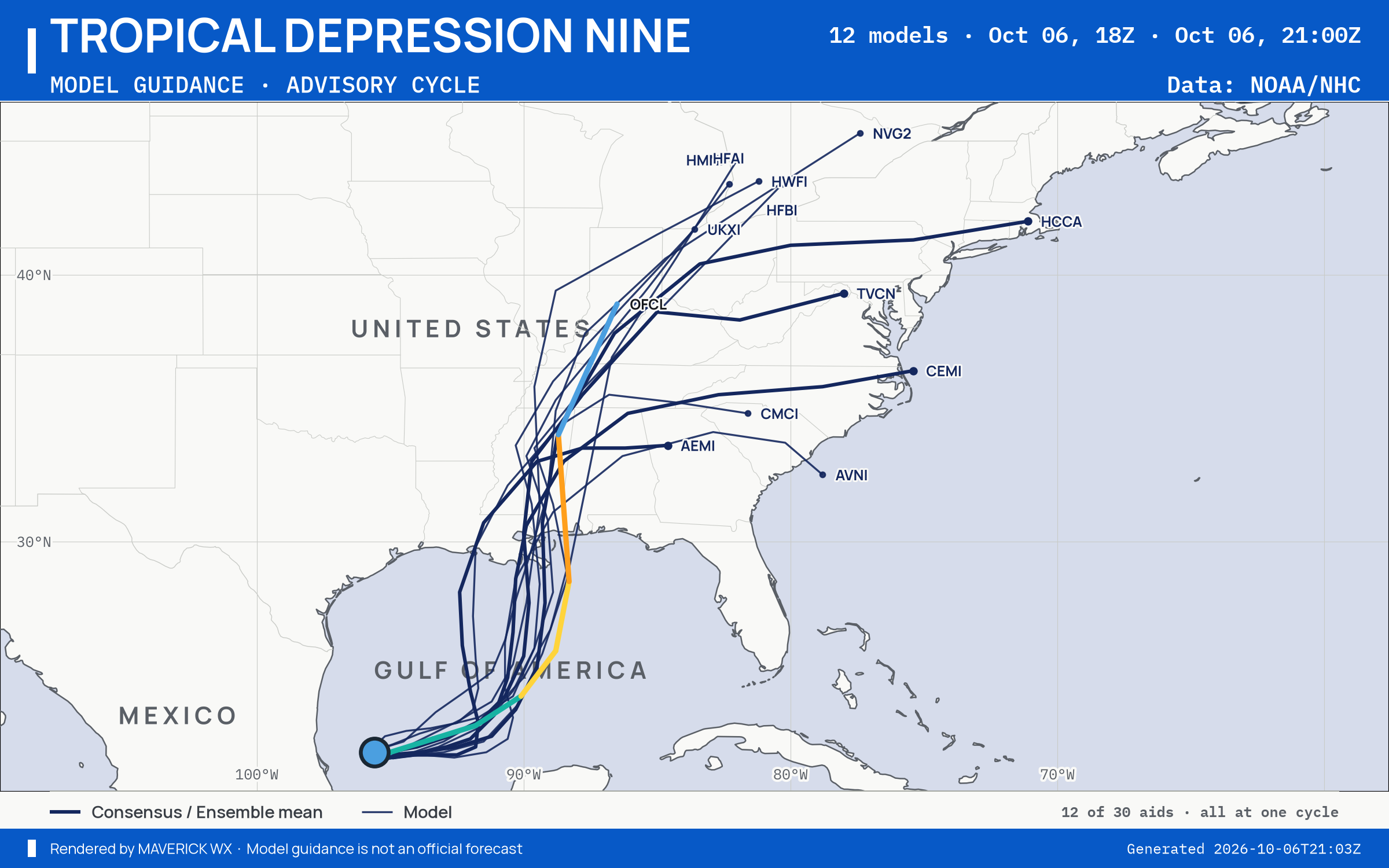 The models’ tracks, which are not a forecast for Tropical Depression Nine, NHC Advisory 1