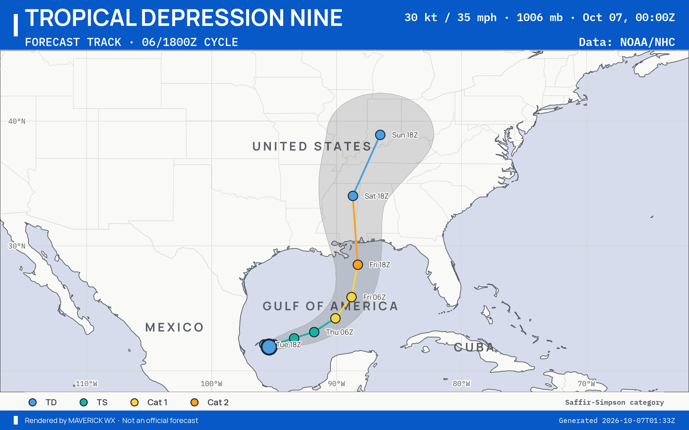 NHC forecast for Tropical Depression Nine, Best track; rendered by MaverickWX