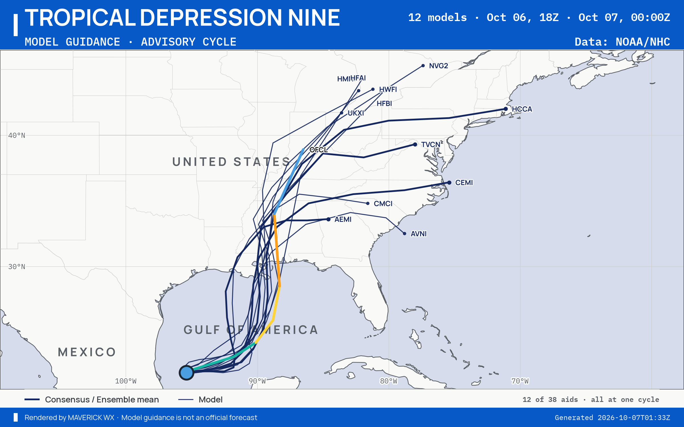 The models’ tracks, which are not a forecast for Tropical Depression Nine, NHC Best track