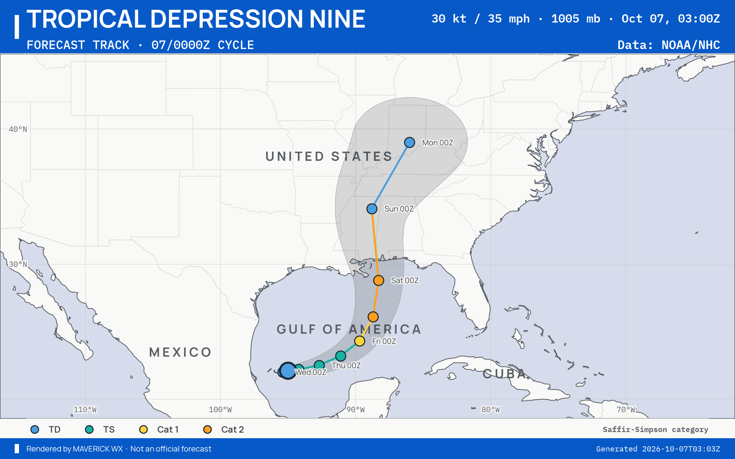The official forecast track for Tropical Depression Nine, NHC Advisory 2