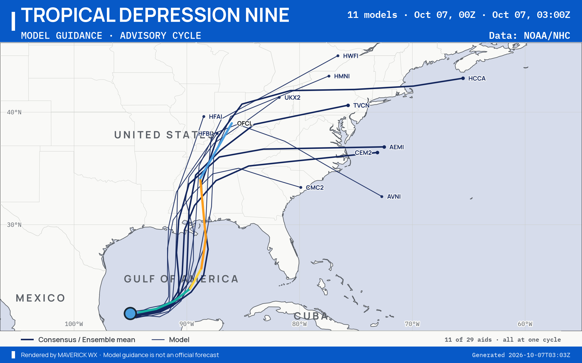 The models’ tracks, which are not a forecast for Tropical Depression Nine, NHC Advisory 2