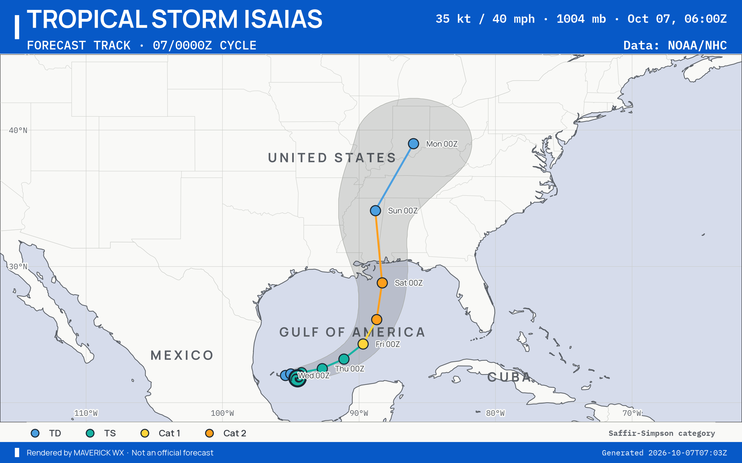The official forecast track for Tropical Storm Isaias, NHC Best track