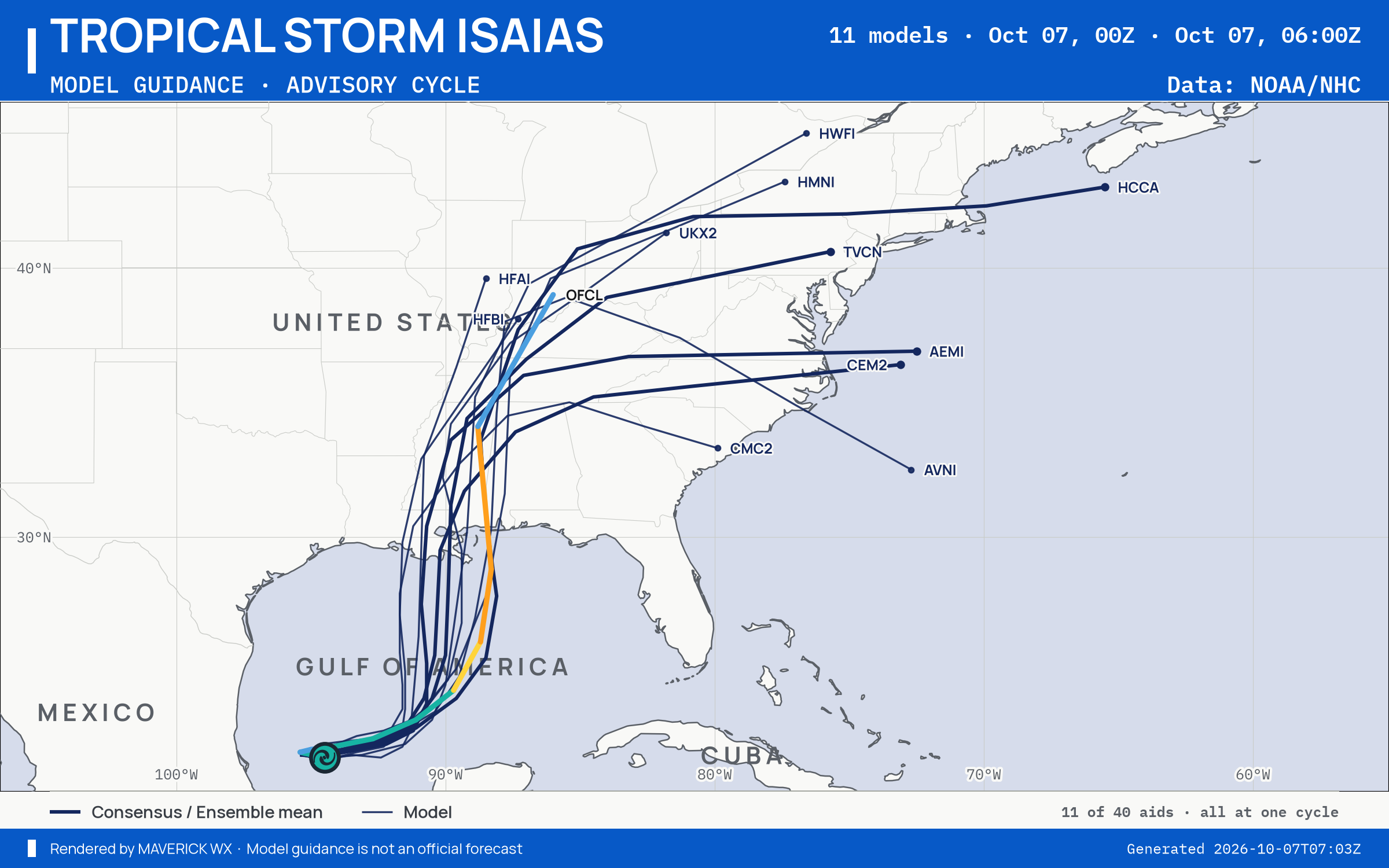 The models’ tracks, which are not a forecast for Tropical Storm Isaias, NHC Best track