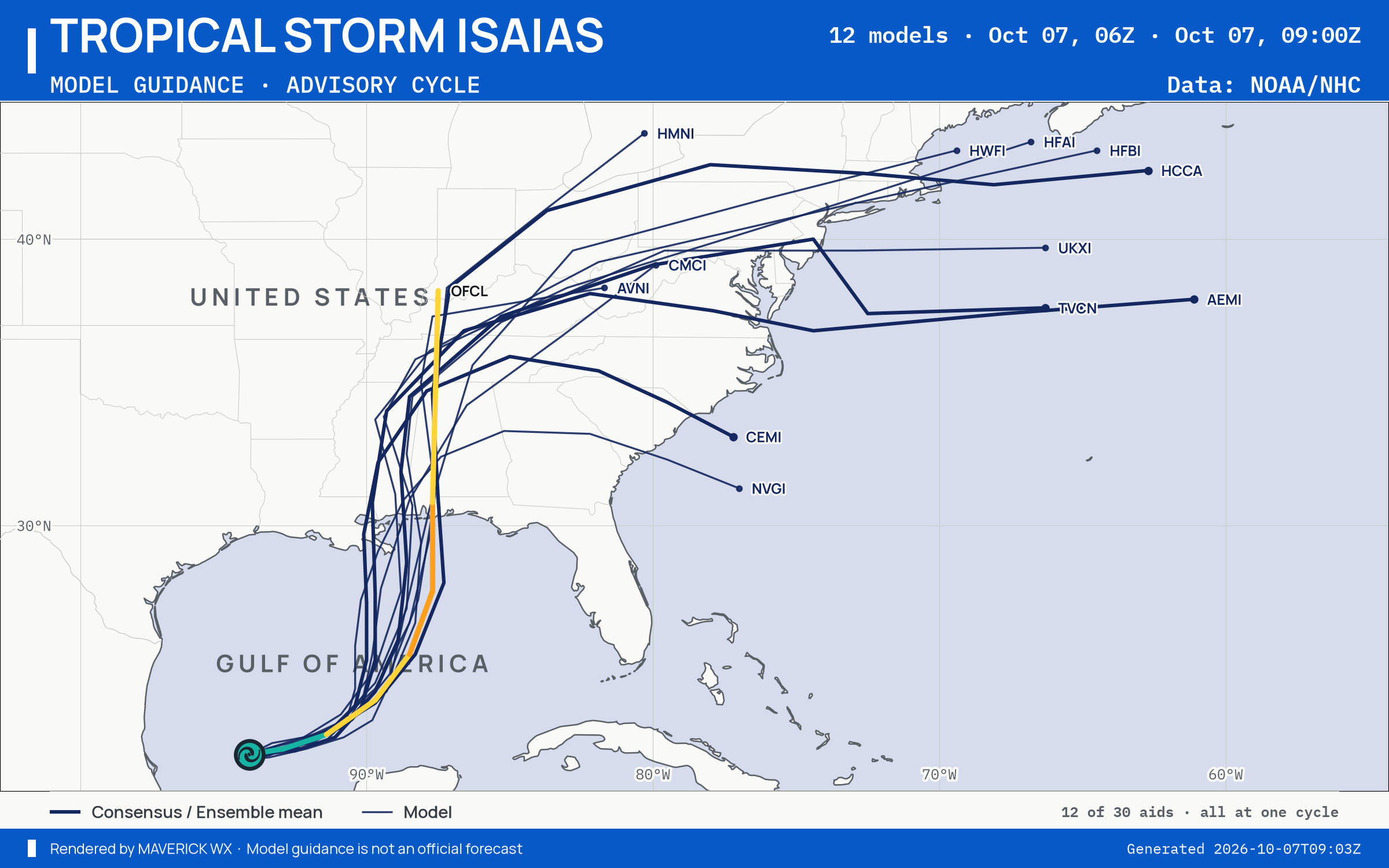 The models’ tracks, which are not a forecast for Tropical Storm Isaias, NHC Advisory 3