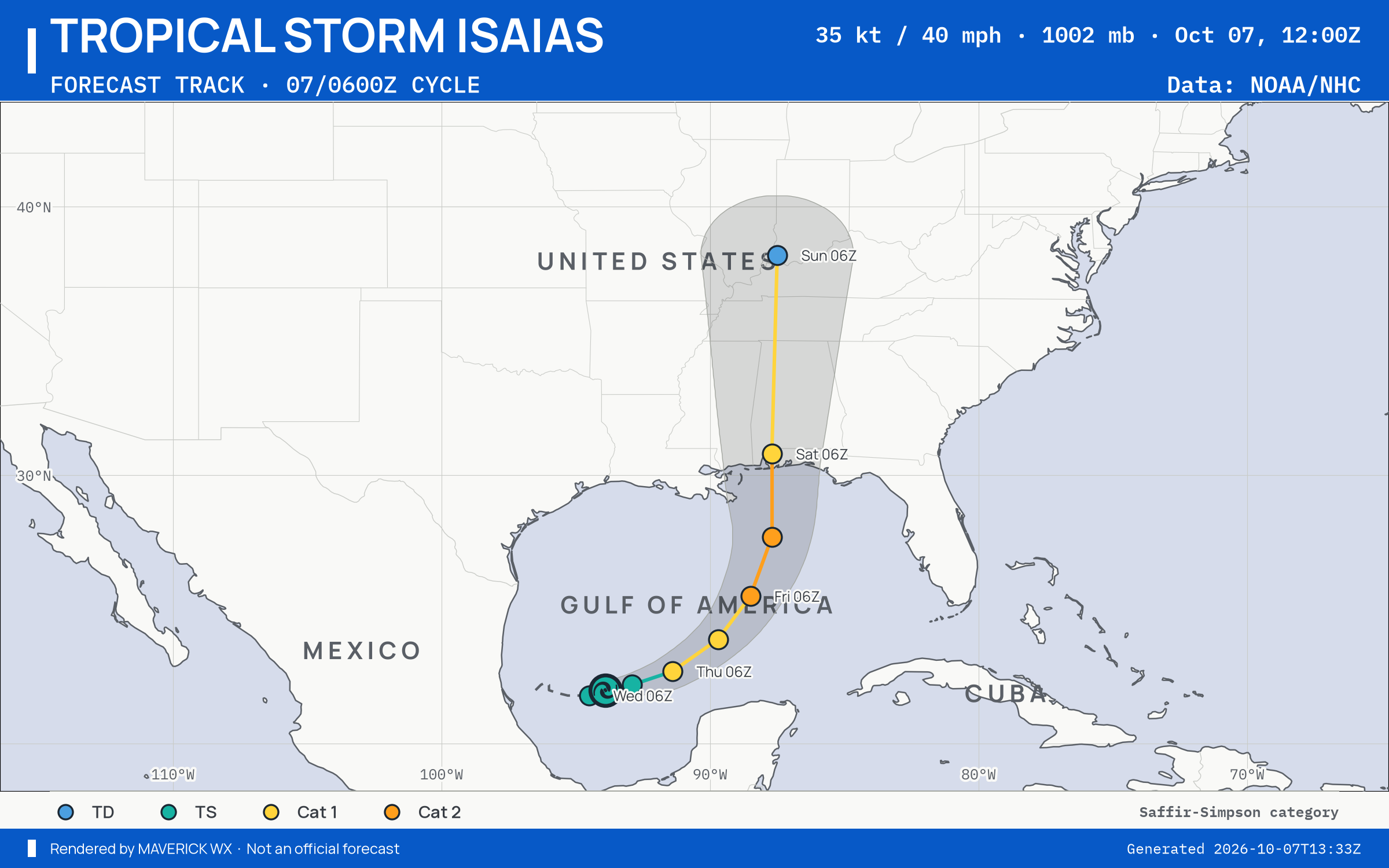 NHC forecast for Tropical Storm Isaias, Best track; rendered by MaverickWX