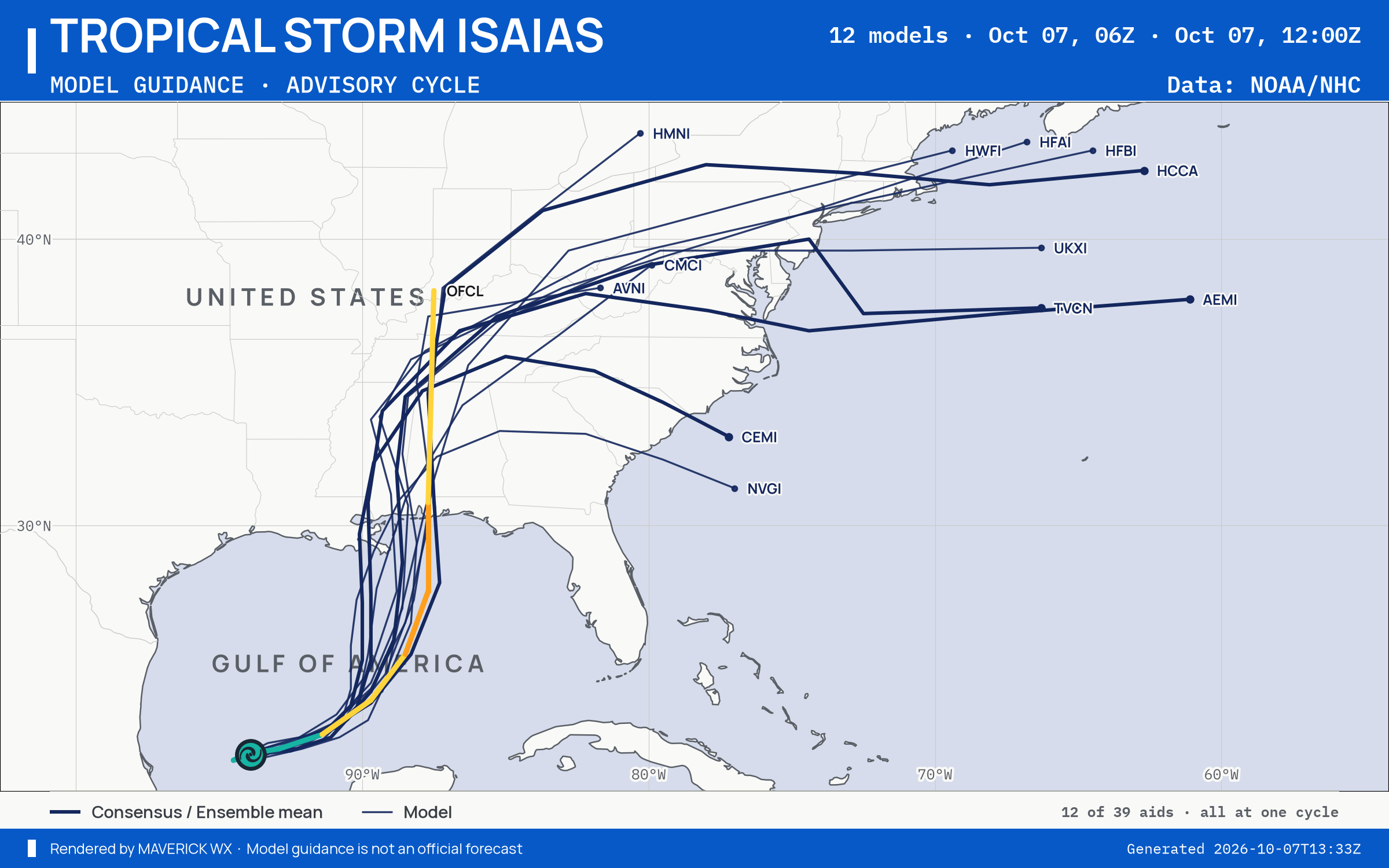 The models’ tracks, which are not a forecast for Tropical Storm Isaias, NHC Best track