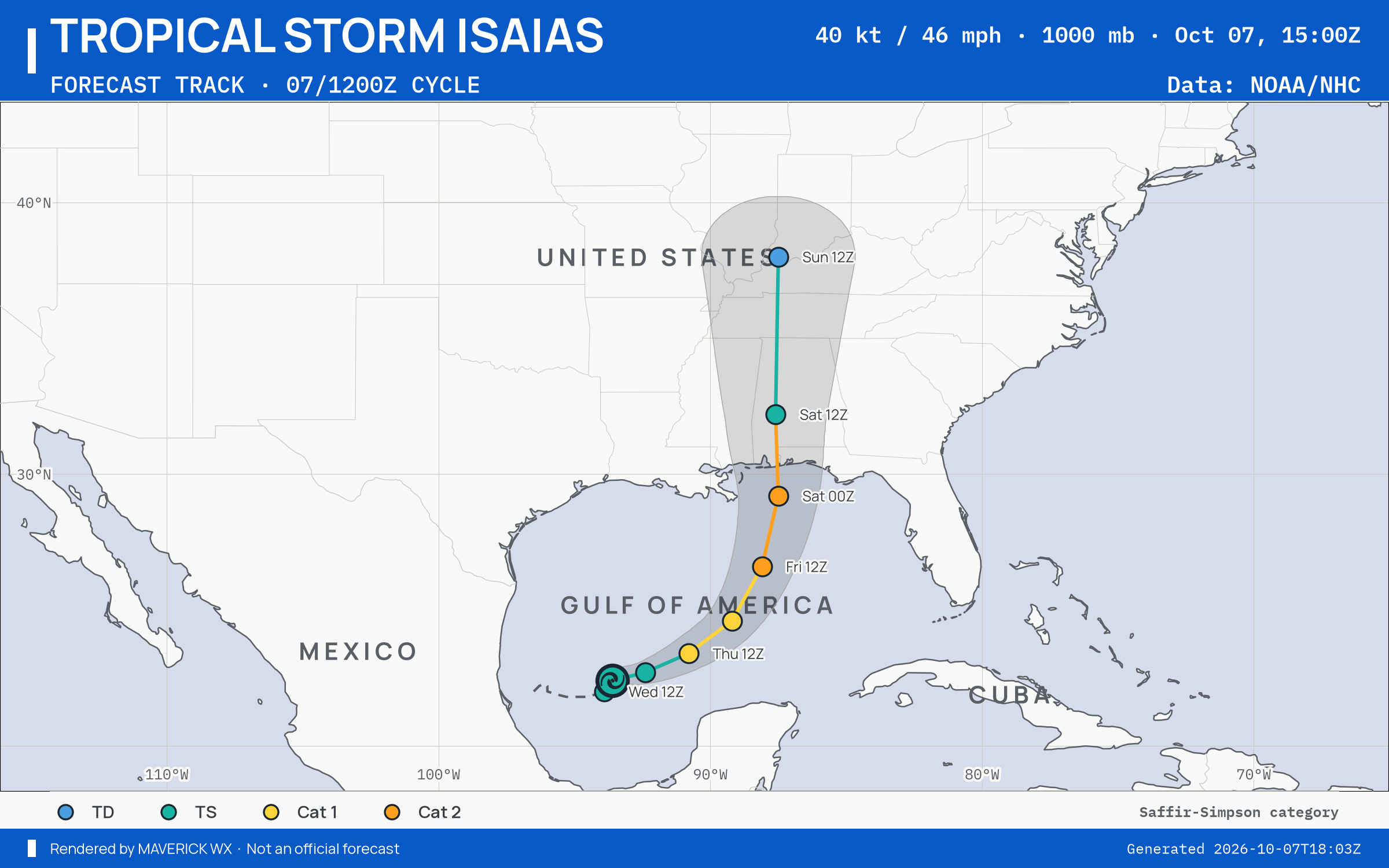 NHC forecast for Tropical Storm Isaias, Advisory 4; rendered by MaverickWX
