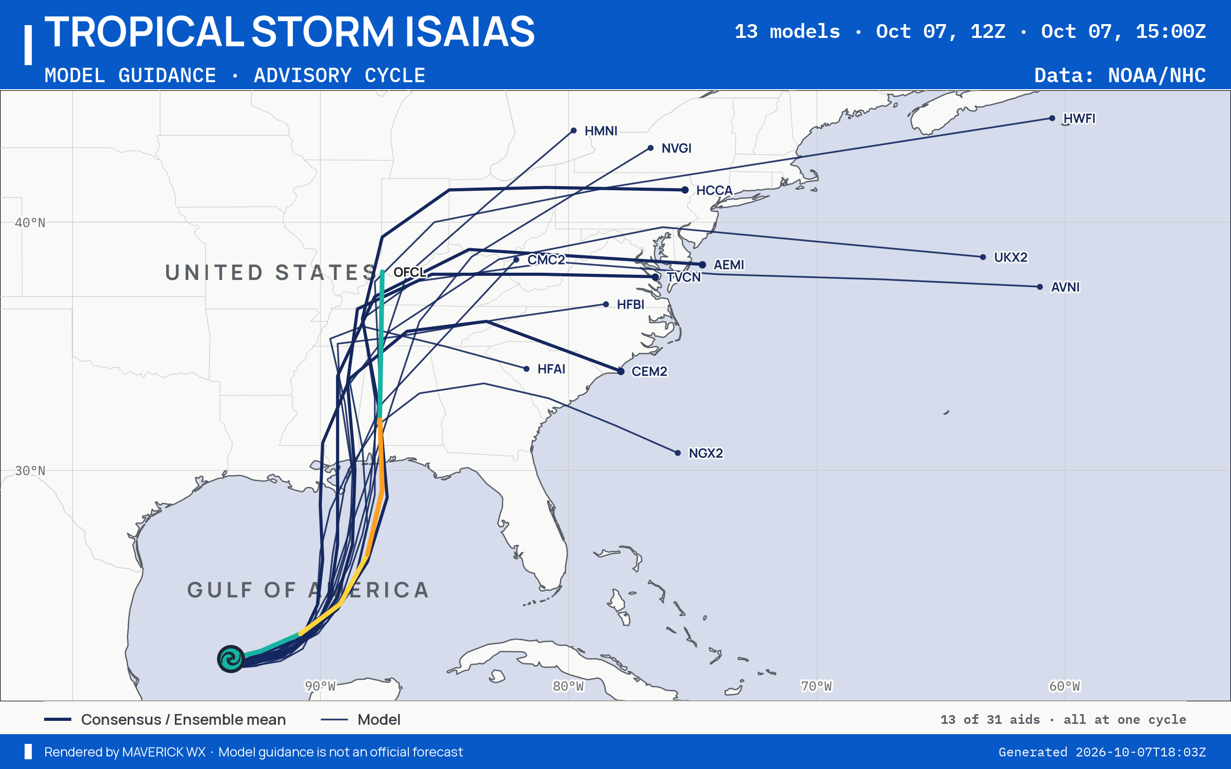 The models’ tracks, which are not a forecast for Tropical Storm Isaias, NHC Advisory 4