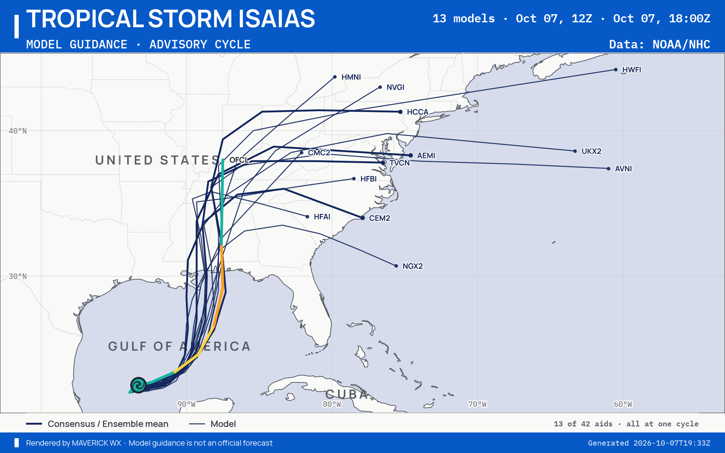 The models’ tracks, which are not a forecast for Tropical Storm Isaias, NHC Best track