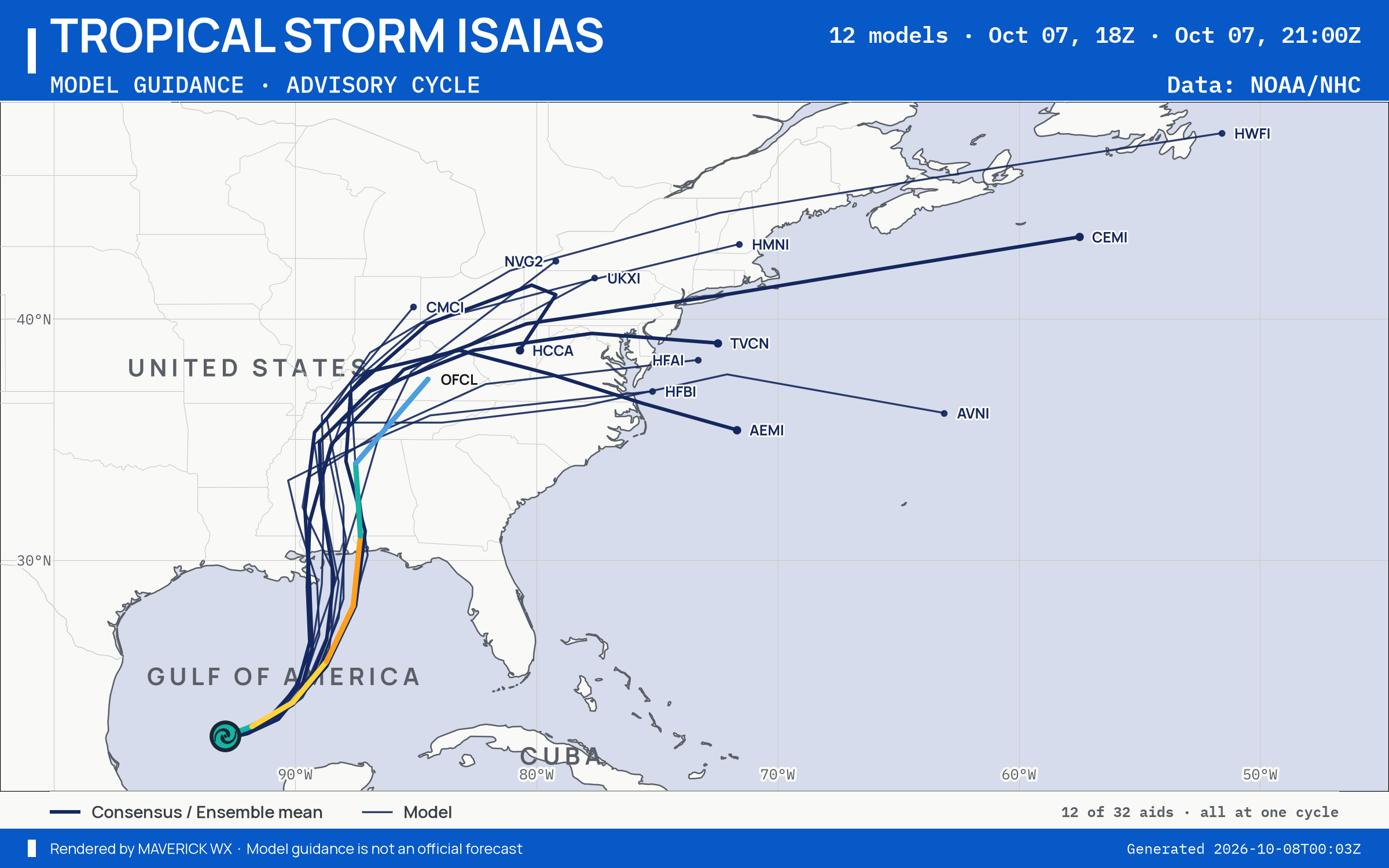 The models’ tracks, which are not a forecast for Tropical Storm Isaias, NHC Advisory 5