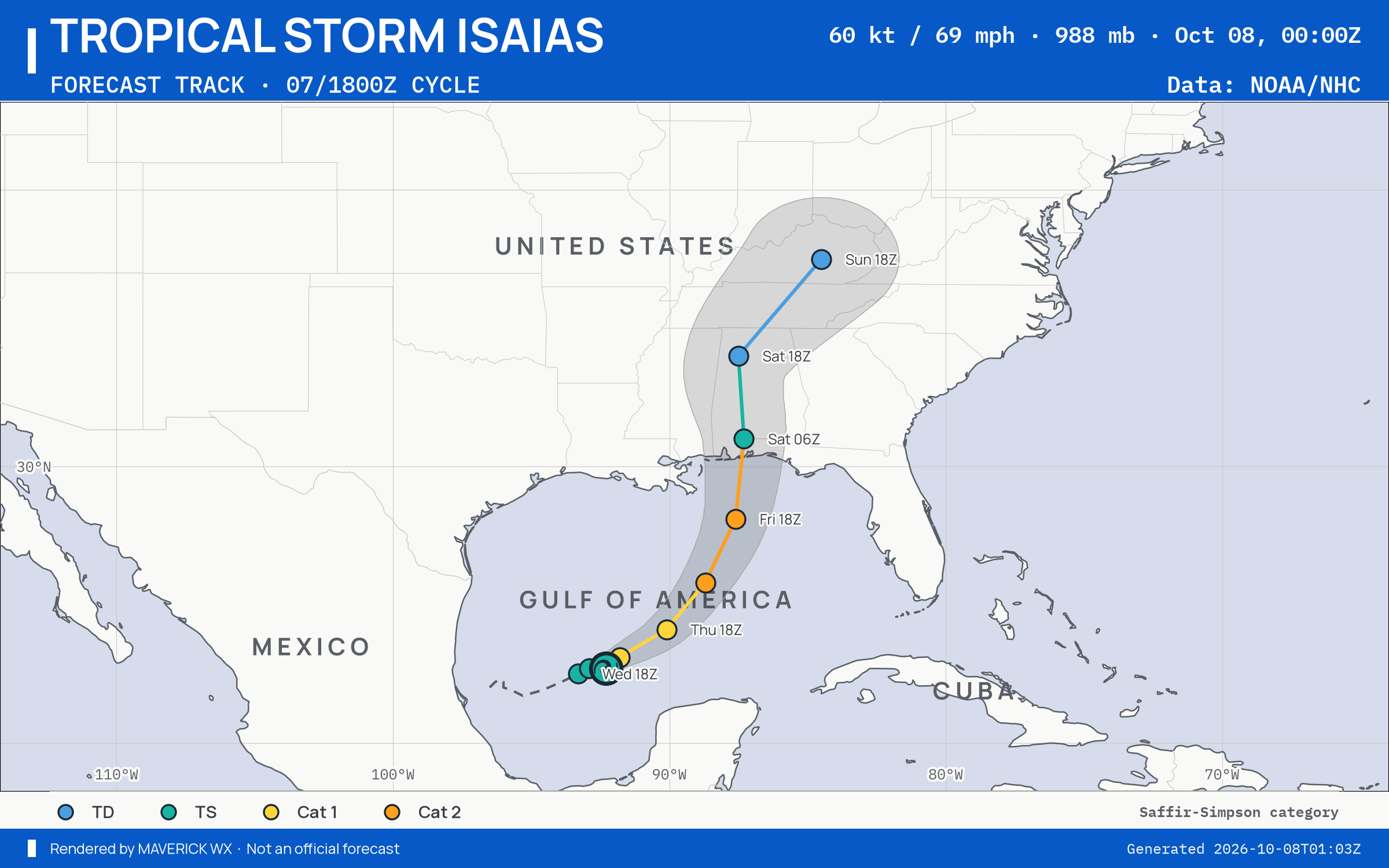 NHC forecast for Tropical Storm Isaias, Best track; rendered by MaverickWX
