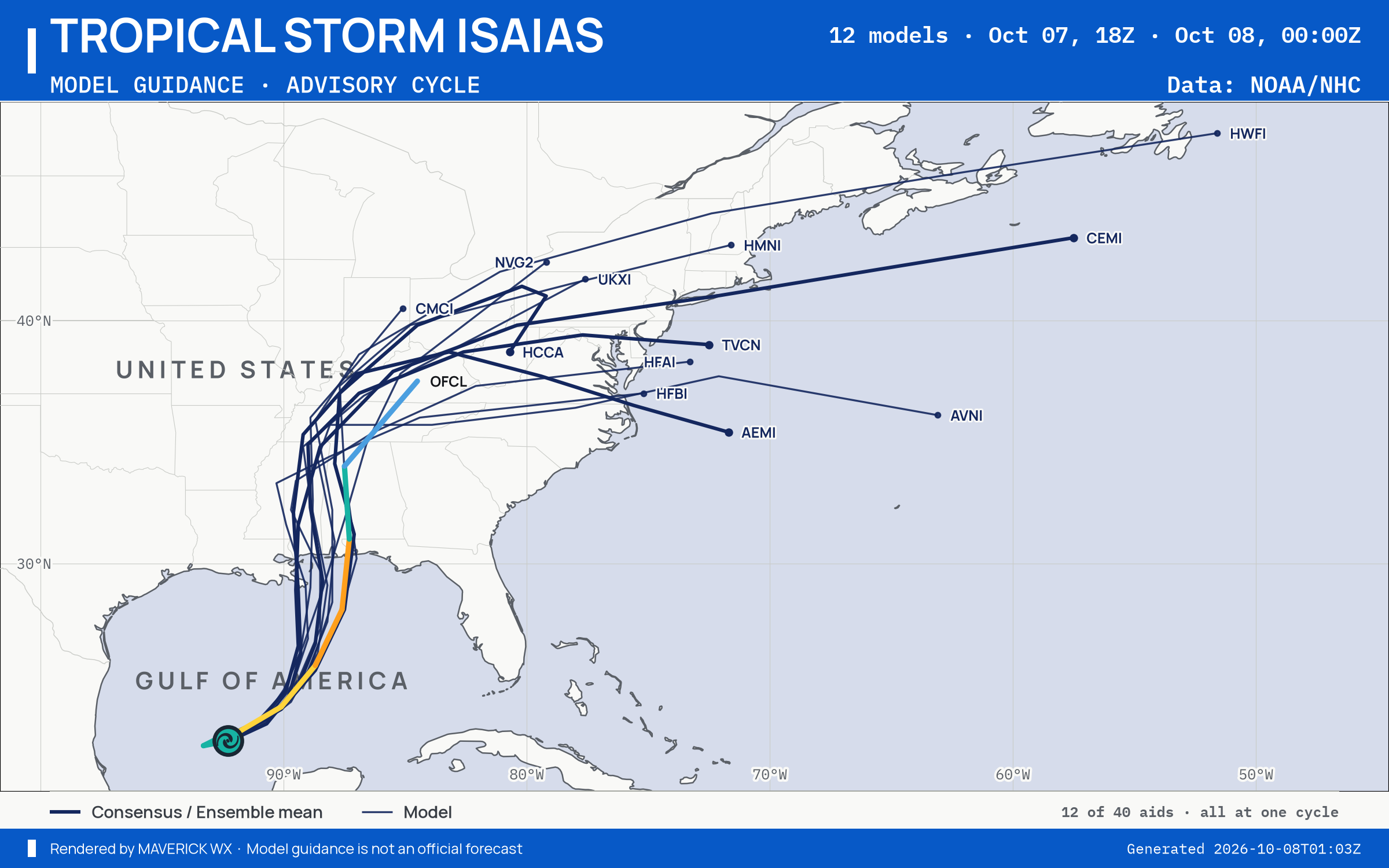 The models’ tracks, which are not a forecast for Tropical Storm Isaias, NHC Best track