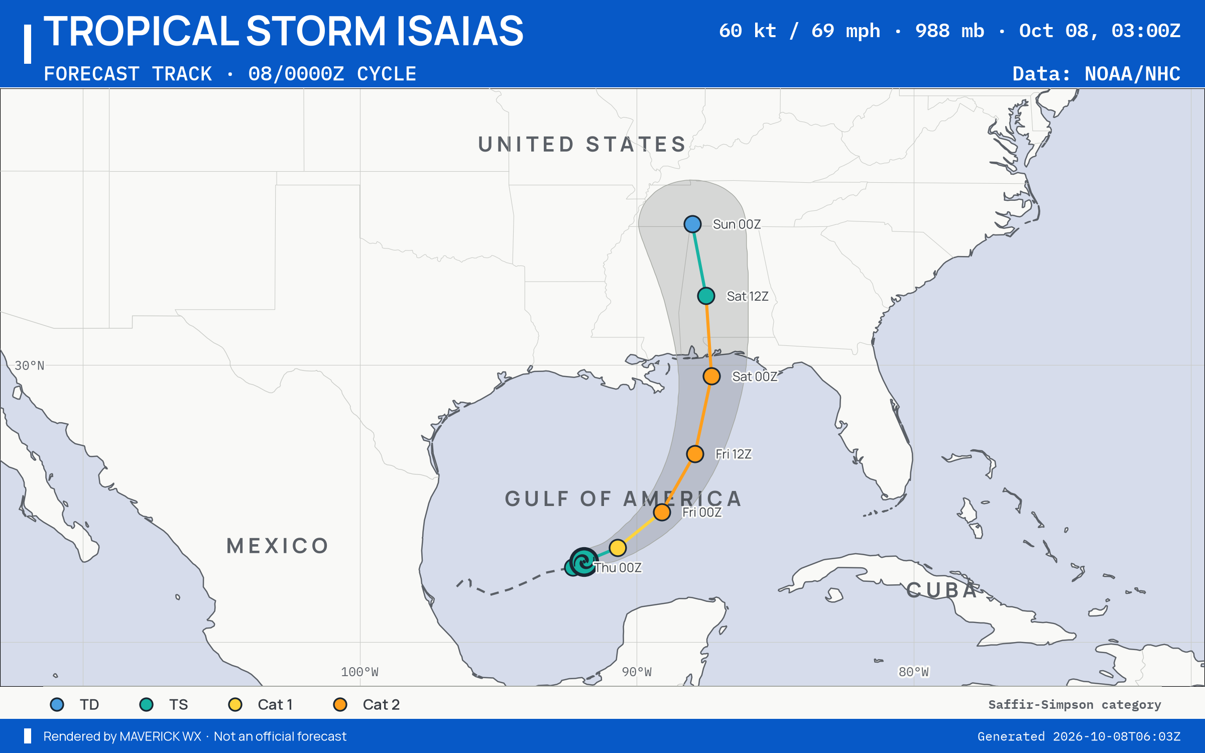 NHC forecast for Tropical Storm Isaias, Advisory 6; rendered by MaverickWX