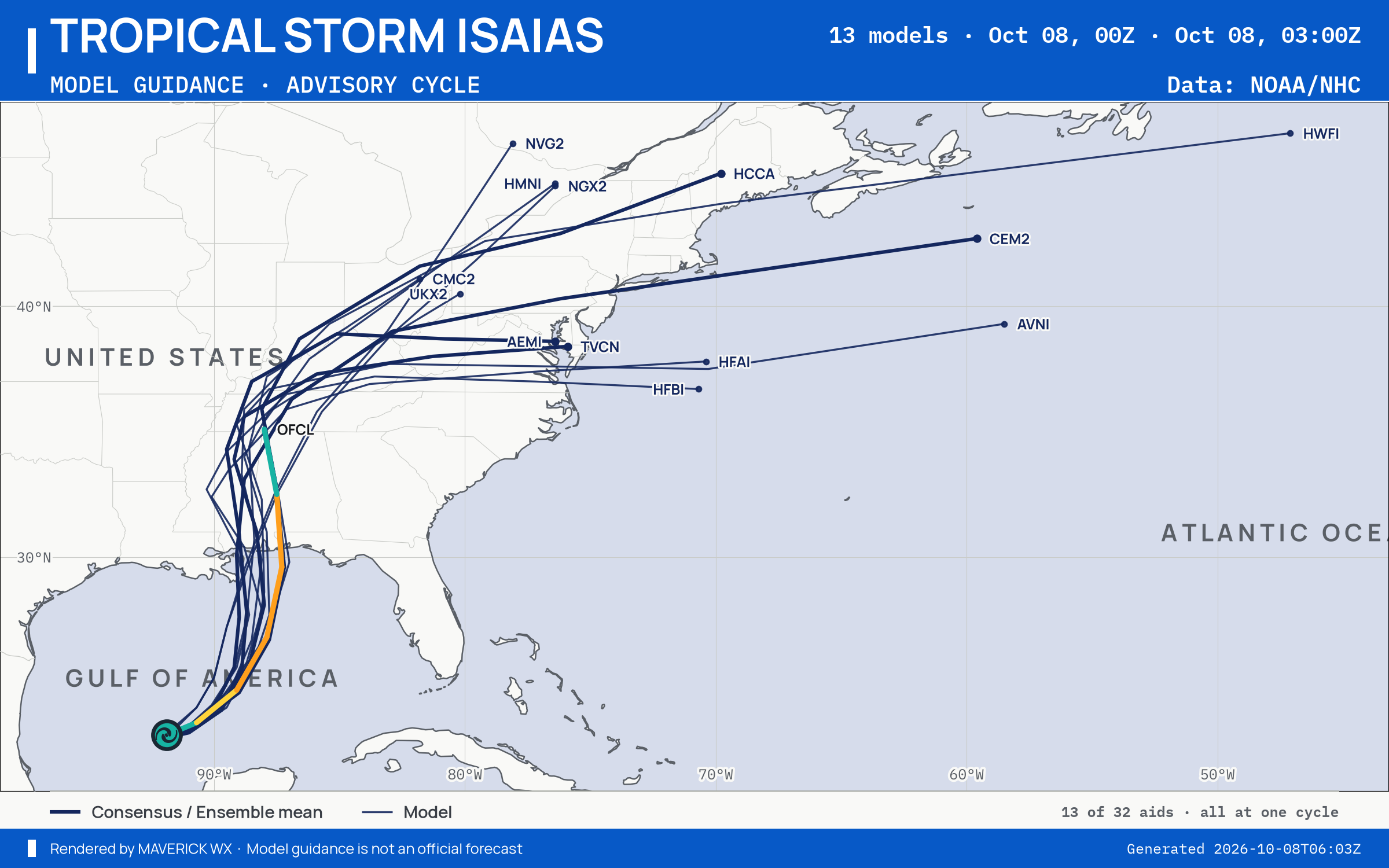The models’ tracks, which are not a forecast for Tropical Storm Isaias, NHC Advisory 6