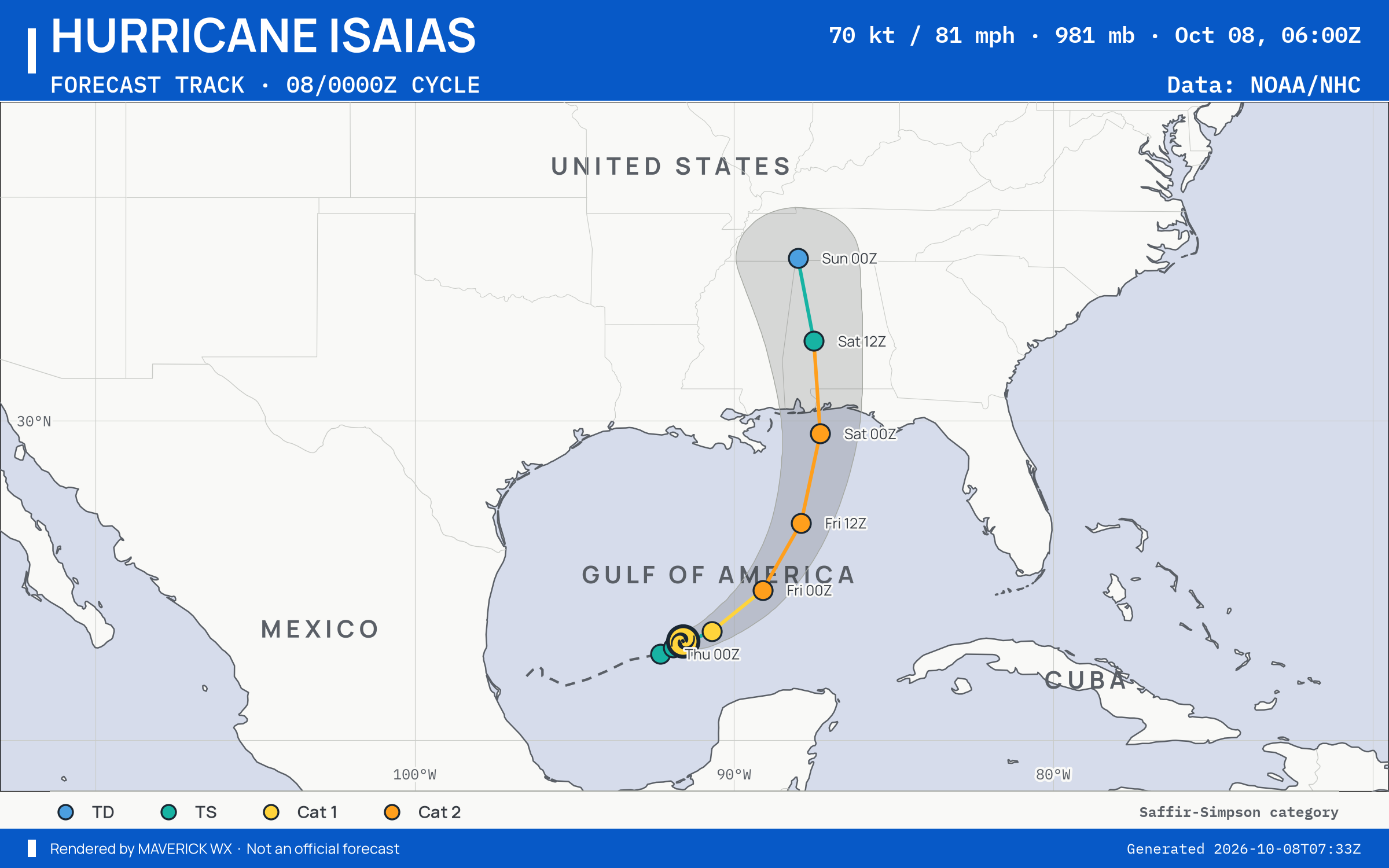 The official forecast track for Category 1 Hurricane Isaias, NHC Best track