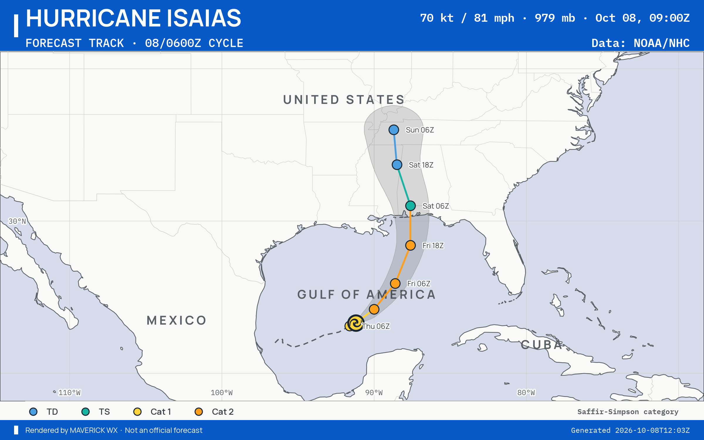 NHC forecast for Category 1 Hurricane Isaias, Advisory 7; rendered by MaverickWX