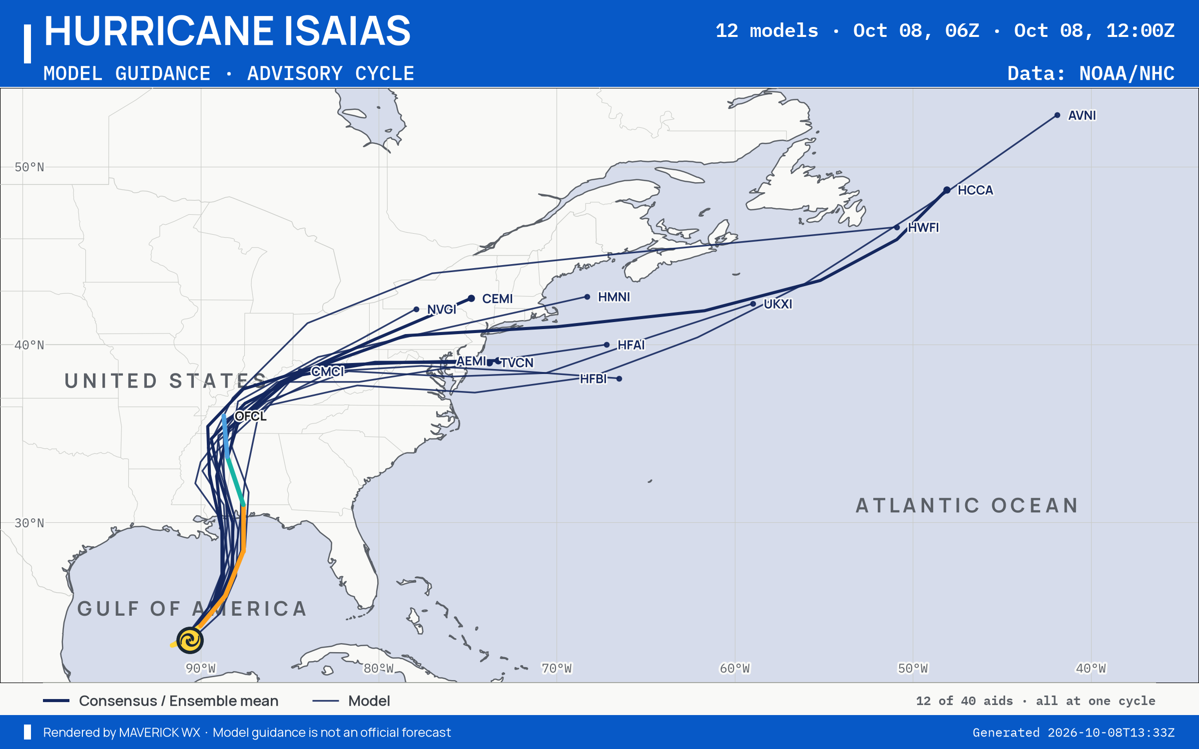 The models’ tracks, which are not a forecast for Category 1 Hurricane Isaias, NHC Best track