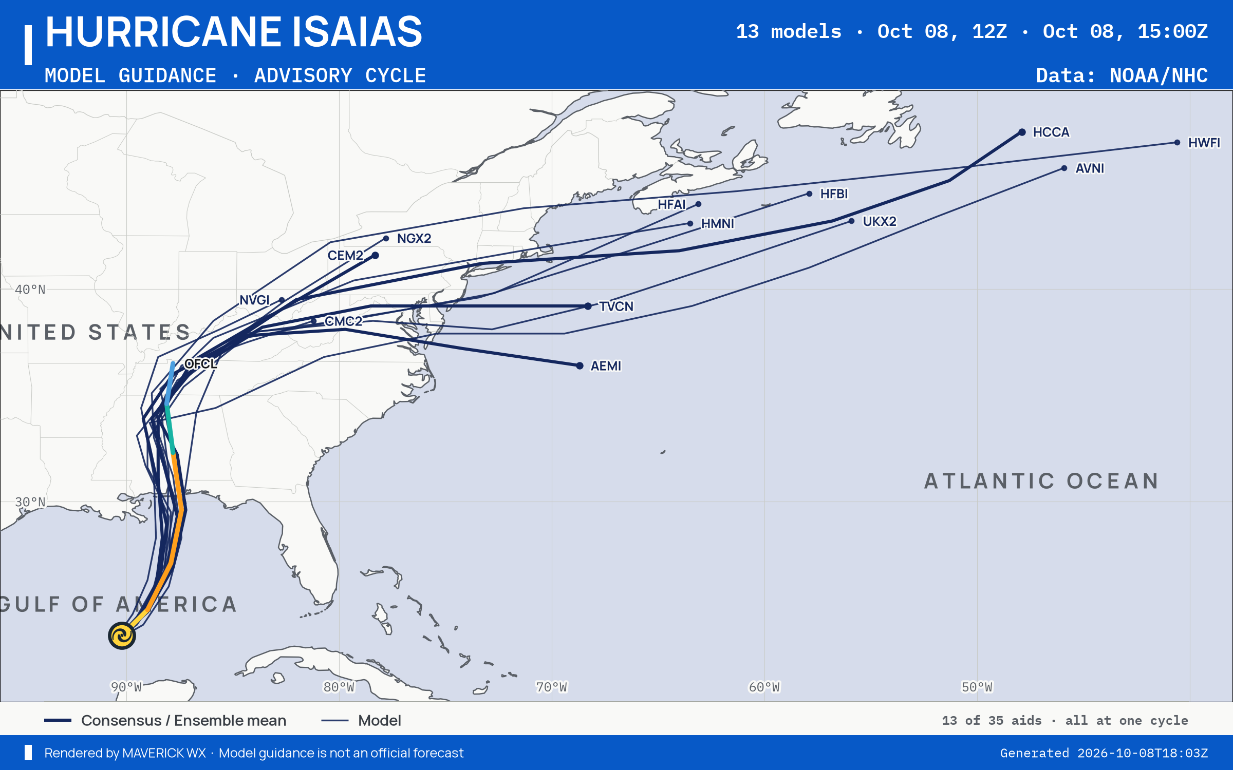 The models’ tracks, which are not a forecast for Category 1 Hurricane Isaias, NHC Advisory 8