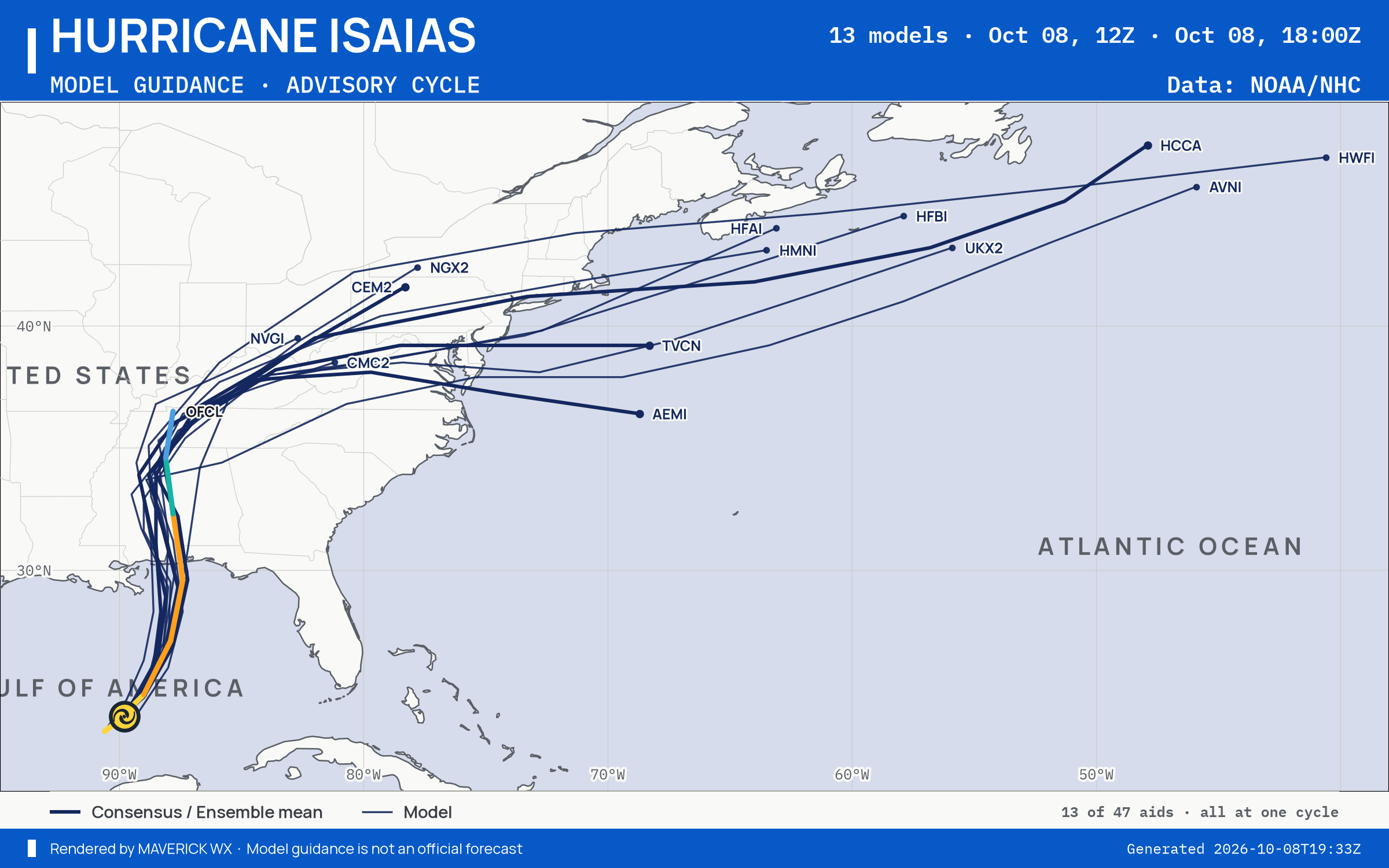 The models’ tracks, which are not a forecast for Category 1 Hurricane Isaias, NHC Best track
