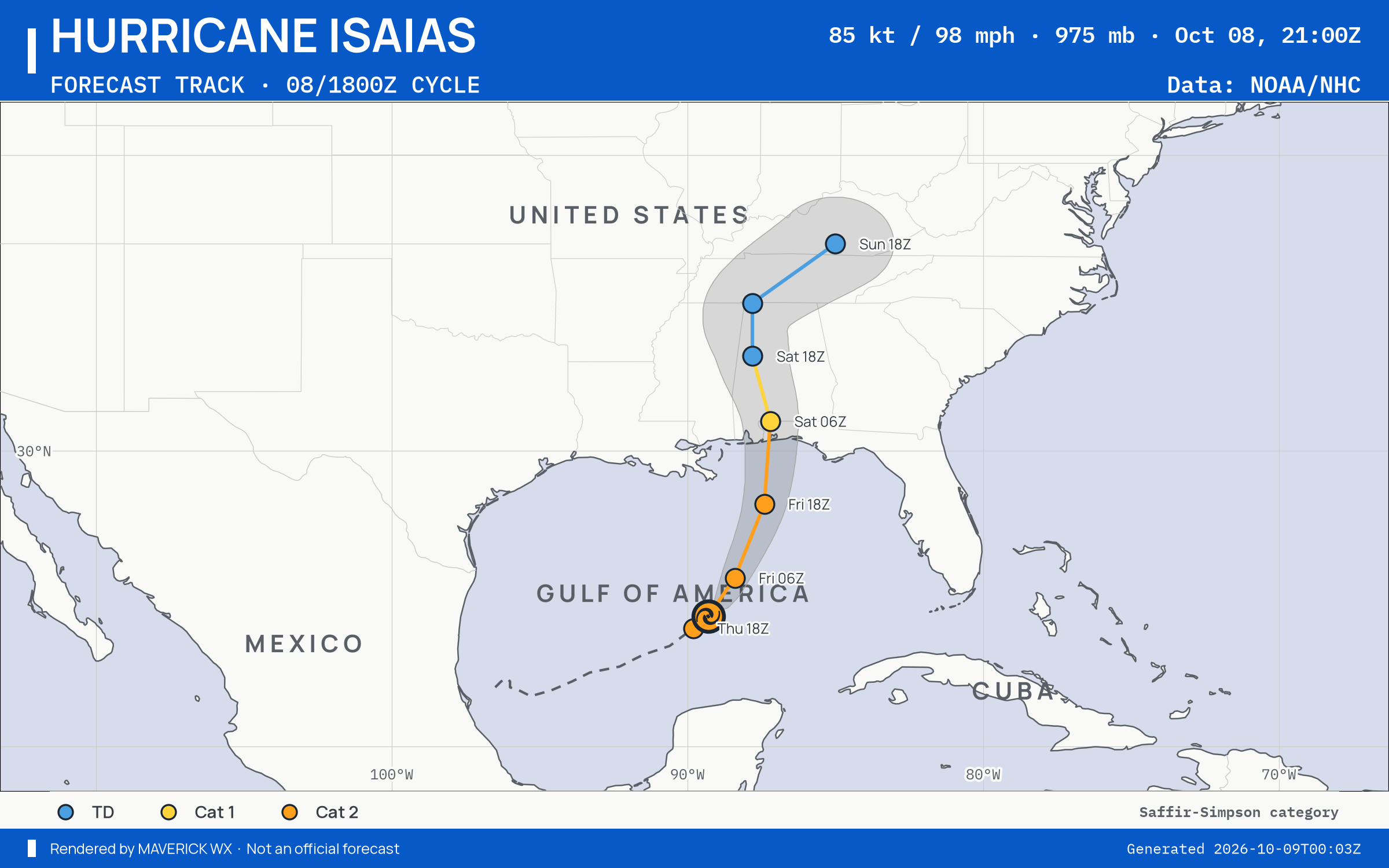 The official forecast track for Category 2 Hurricane Isaias, NHC Advisory 9