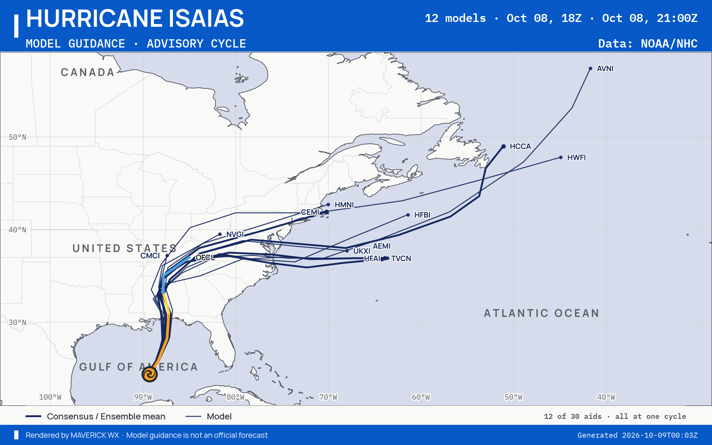 The models’ tracks, which are not a forecast for Category 2 Hurricane Isaias, NHC Advisory 9