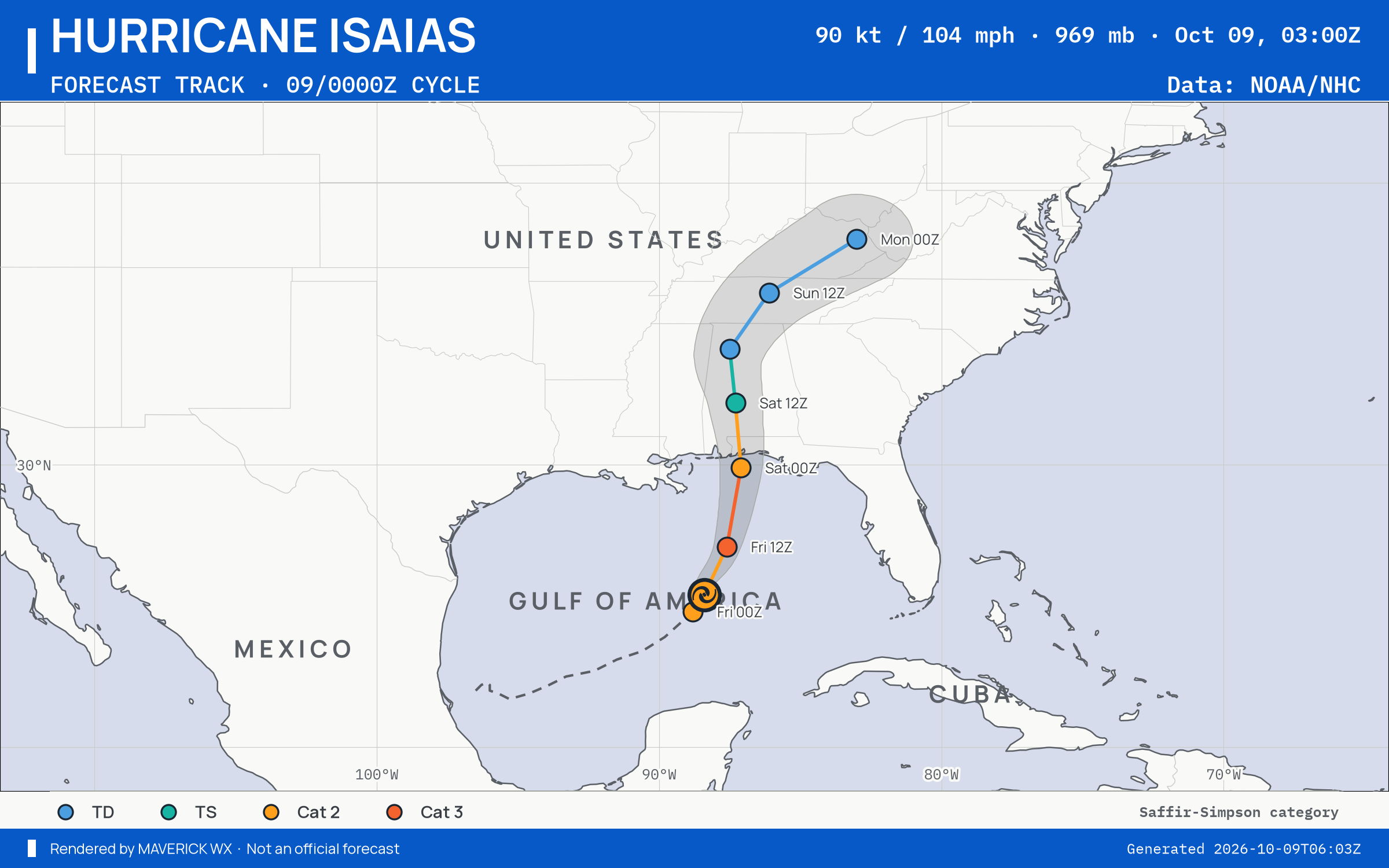 NHC forecast for Category 2 Hurricane Isaias, Advisory 10; rendered by MaverickWX