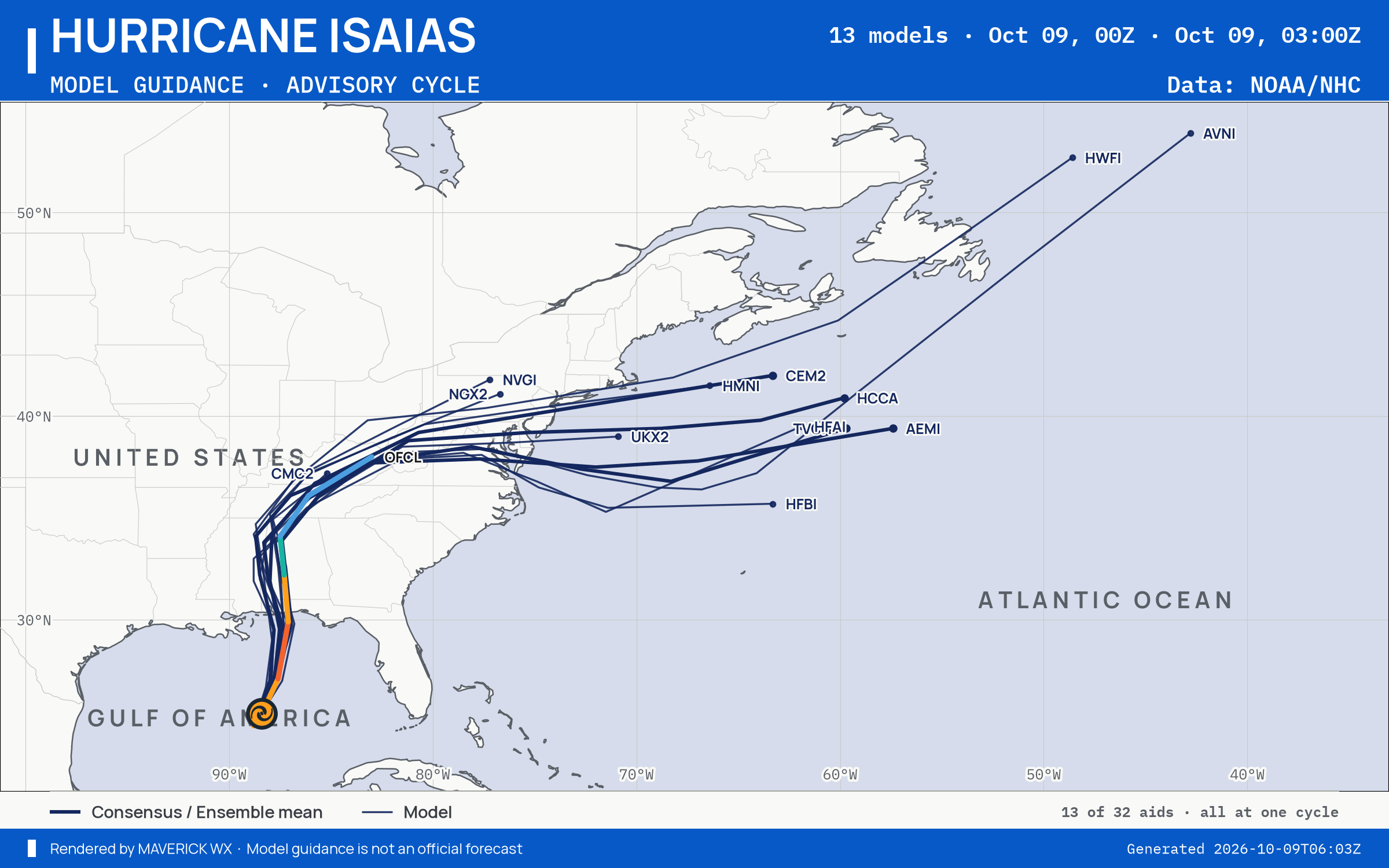The models’ tracks, which are not a forecast for Category 2 Hurricane Isaias, NHC Advisory 10