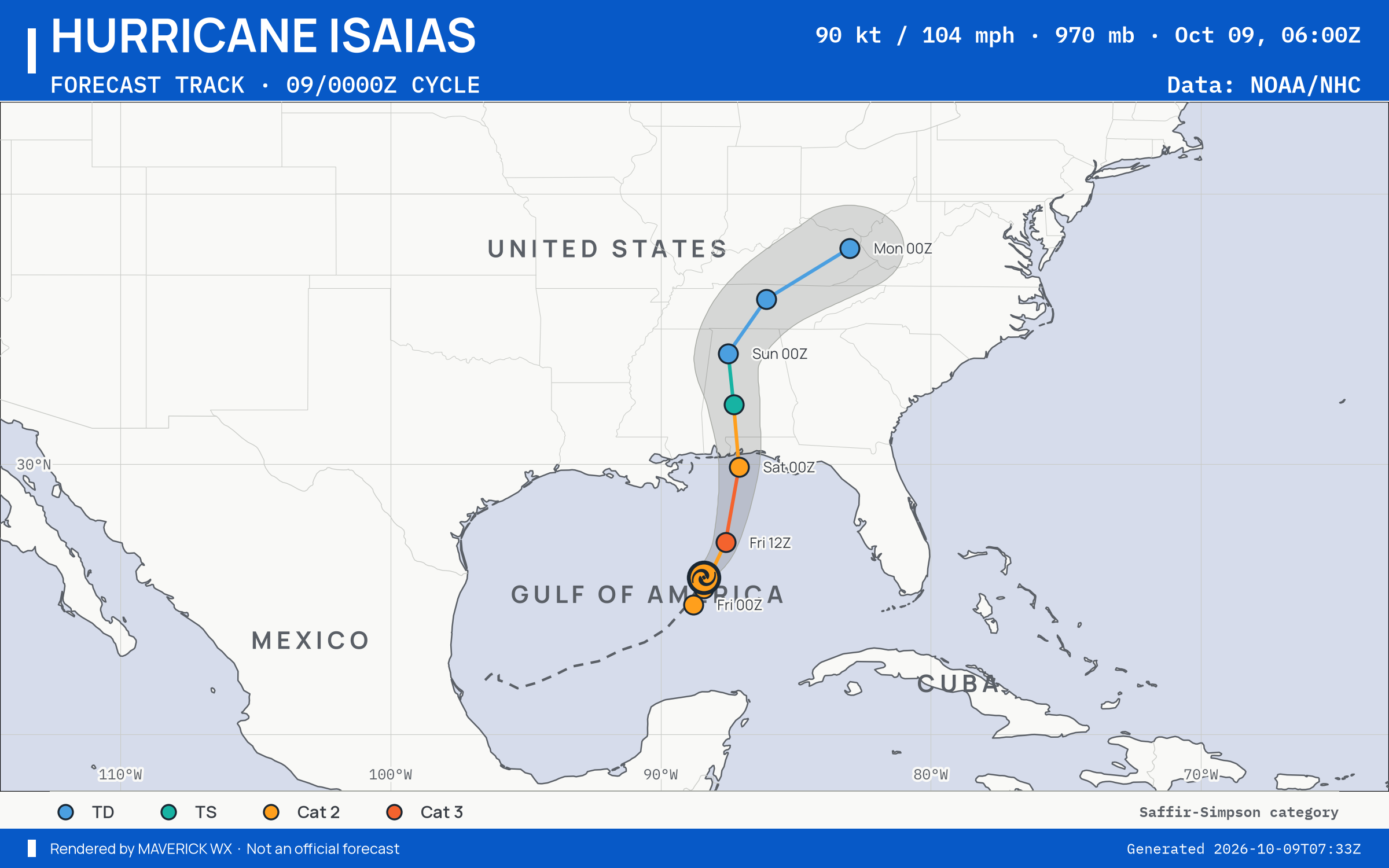 NHC forecast for Category 2 Hurricane Isaias, Best track; rendered by MaverickWX