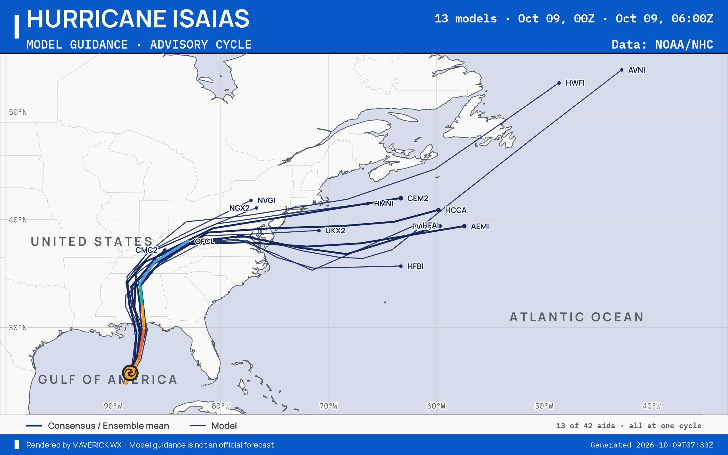 The models’ tracks, which are not a forecast for Category 2 Hurricane Isaias, NHC Best track