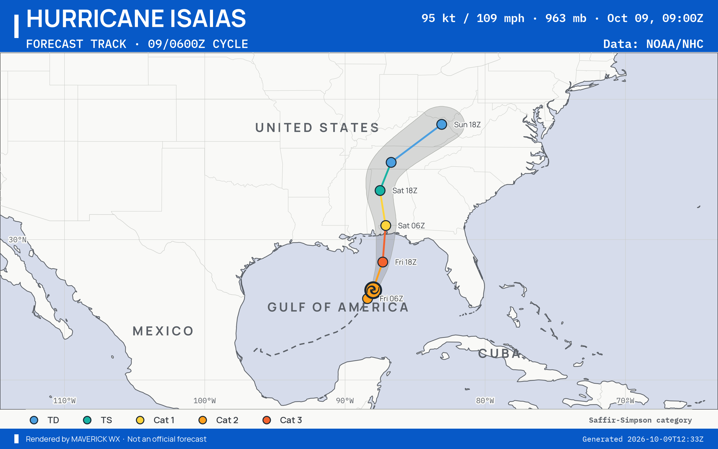 NHC forecast for Category 2 Hurricane Isaias, Advisory 11; rendered by MaverickWX