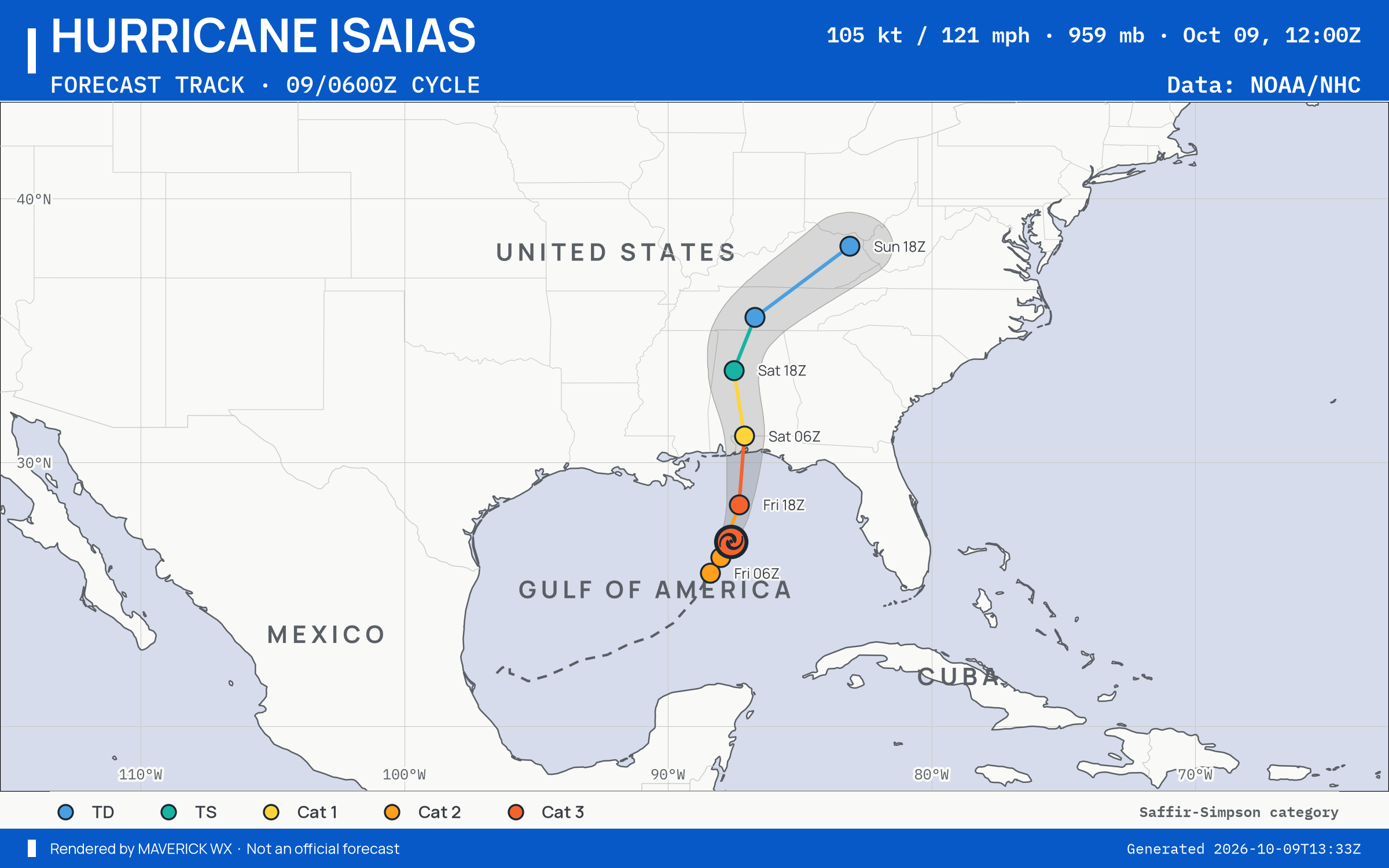NHC forecast for Category 3 Hurricane Isaias, Best track; rendered by MaverickWX