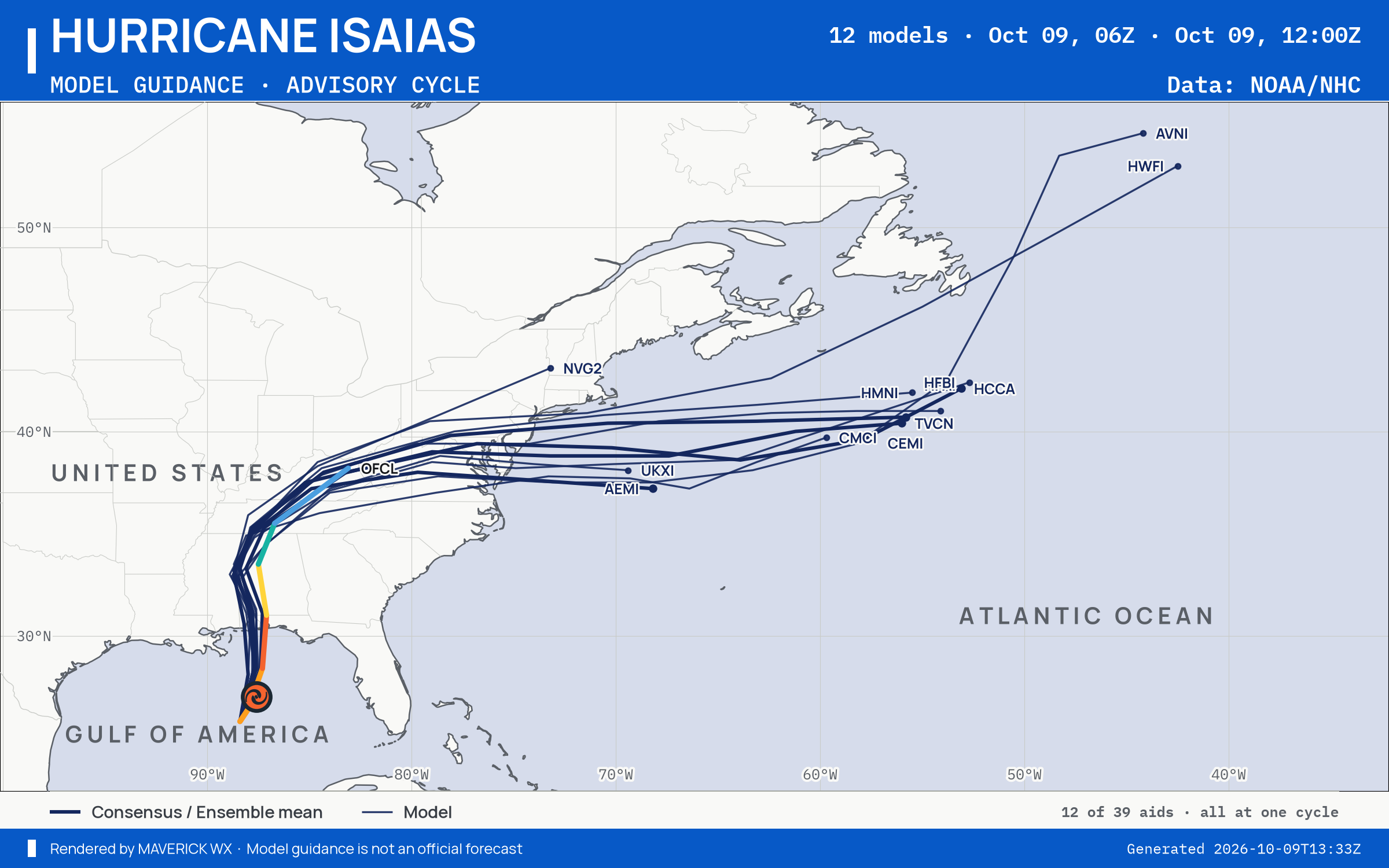 The models’ tracks, which are not a forecast for Category 3 Hurricane Isaias, NHC Best track