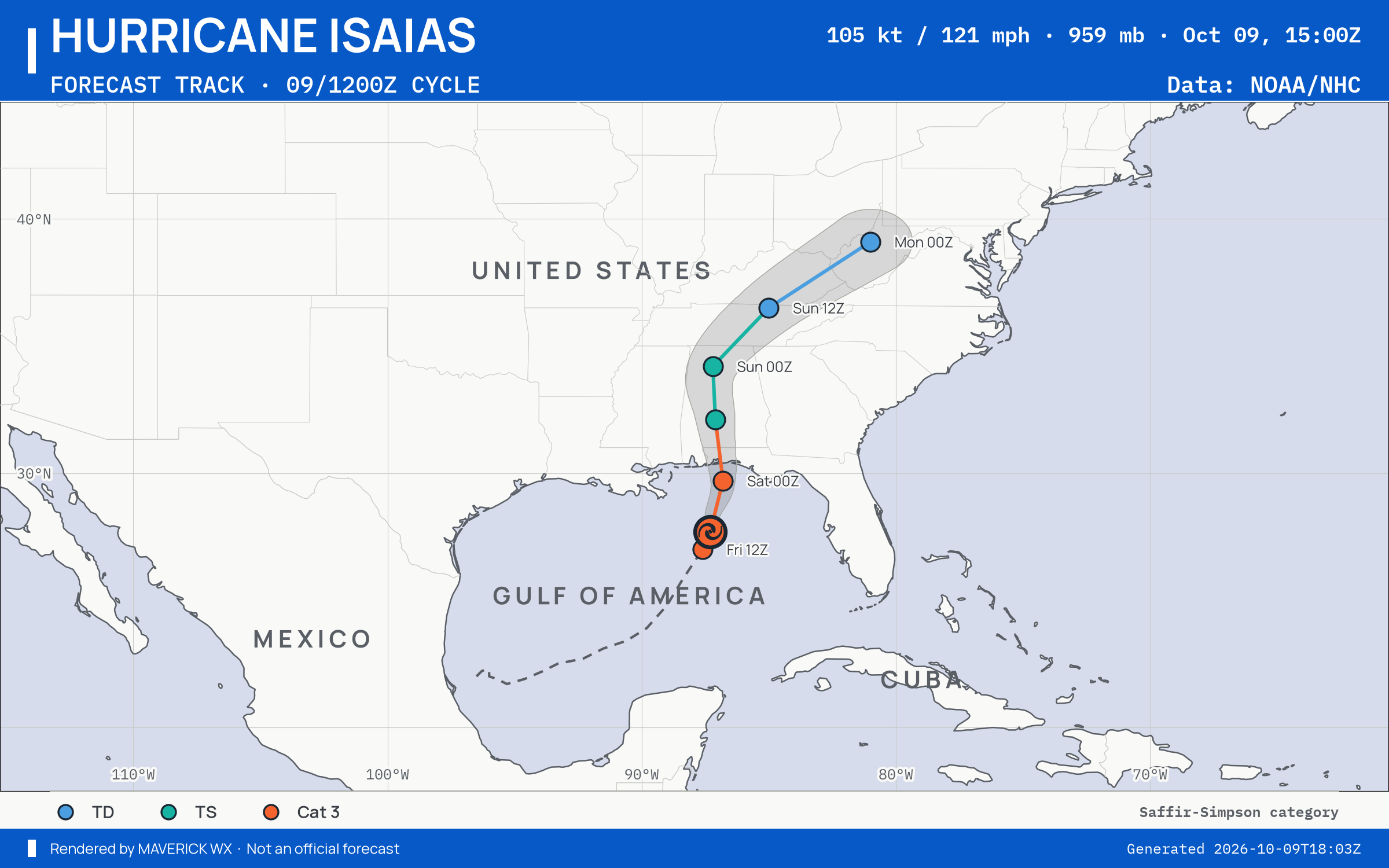 The official forecast track for Category 3 Hurricane Isaias, NHC Advisory 12