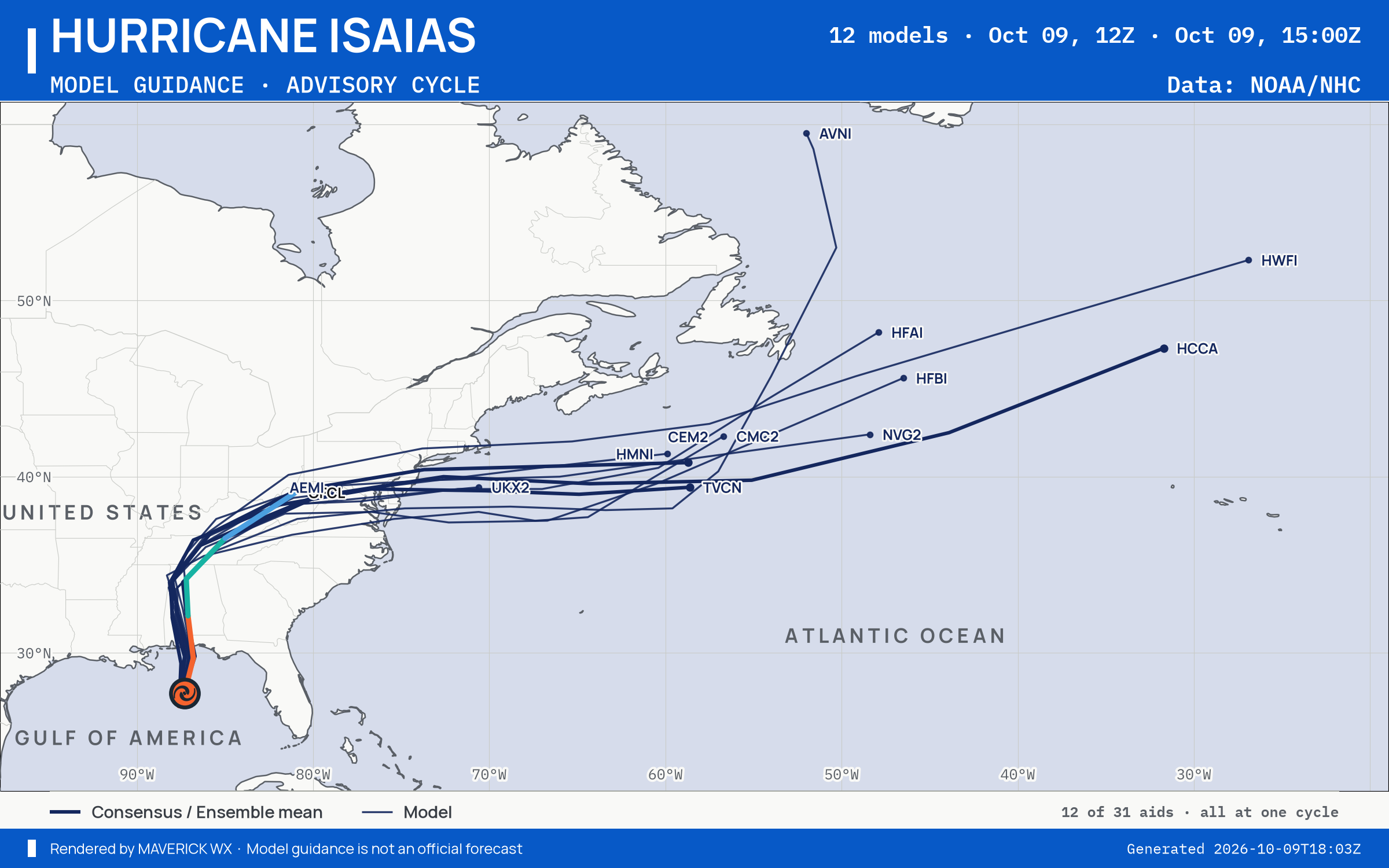 The models’ tracks, which are not a forecast for Category 3 Hurricane Isaias, NHC Advisory 12