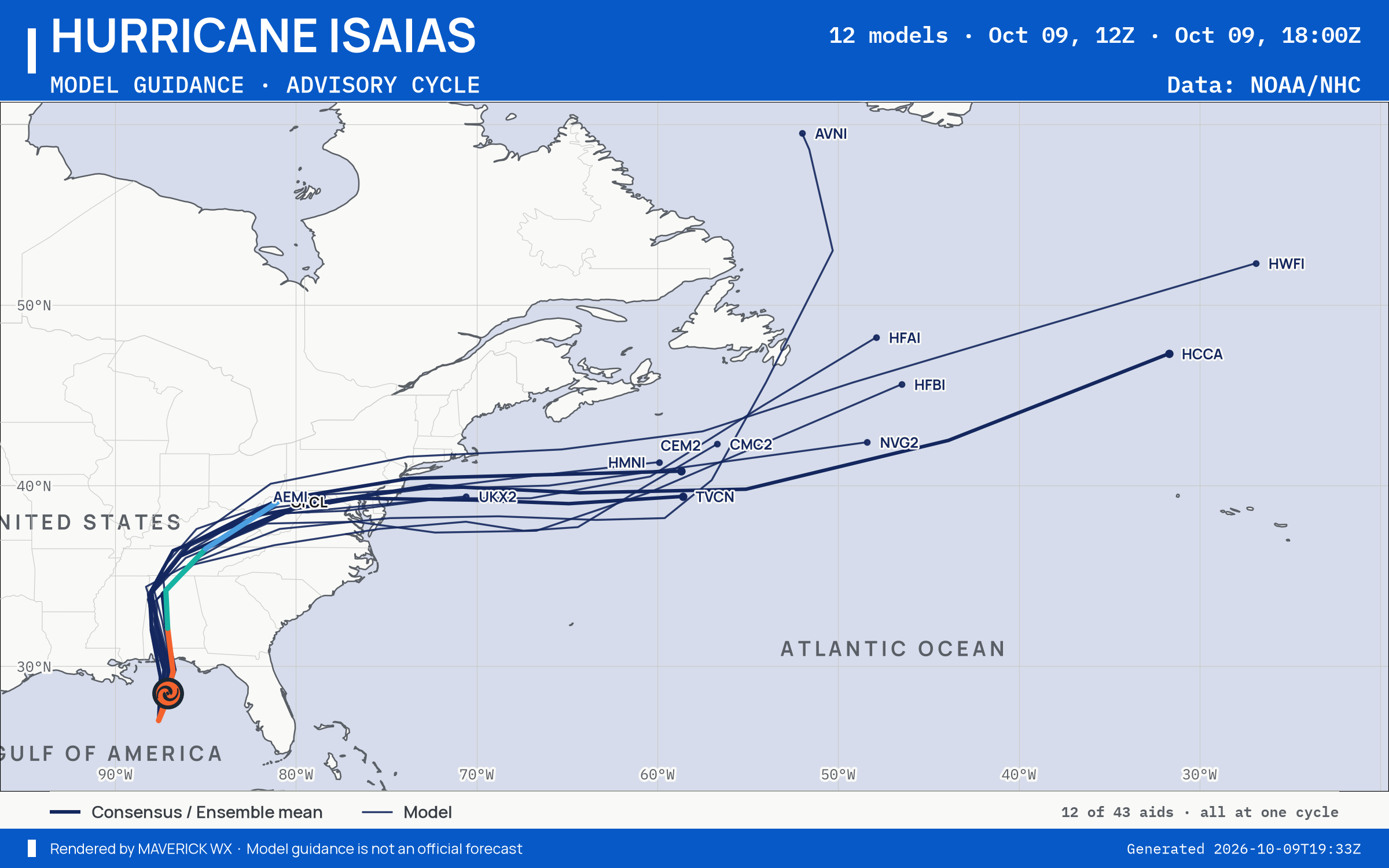 The models’ tracks, which are not a forecast for Category 3 Hurricane Isaias, NHC Best track