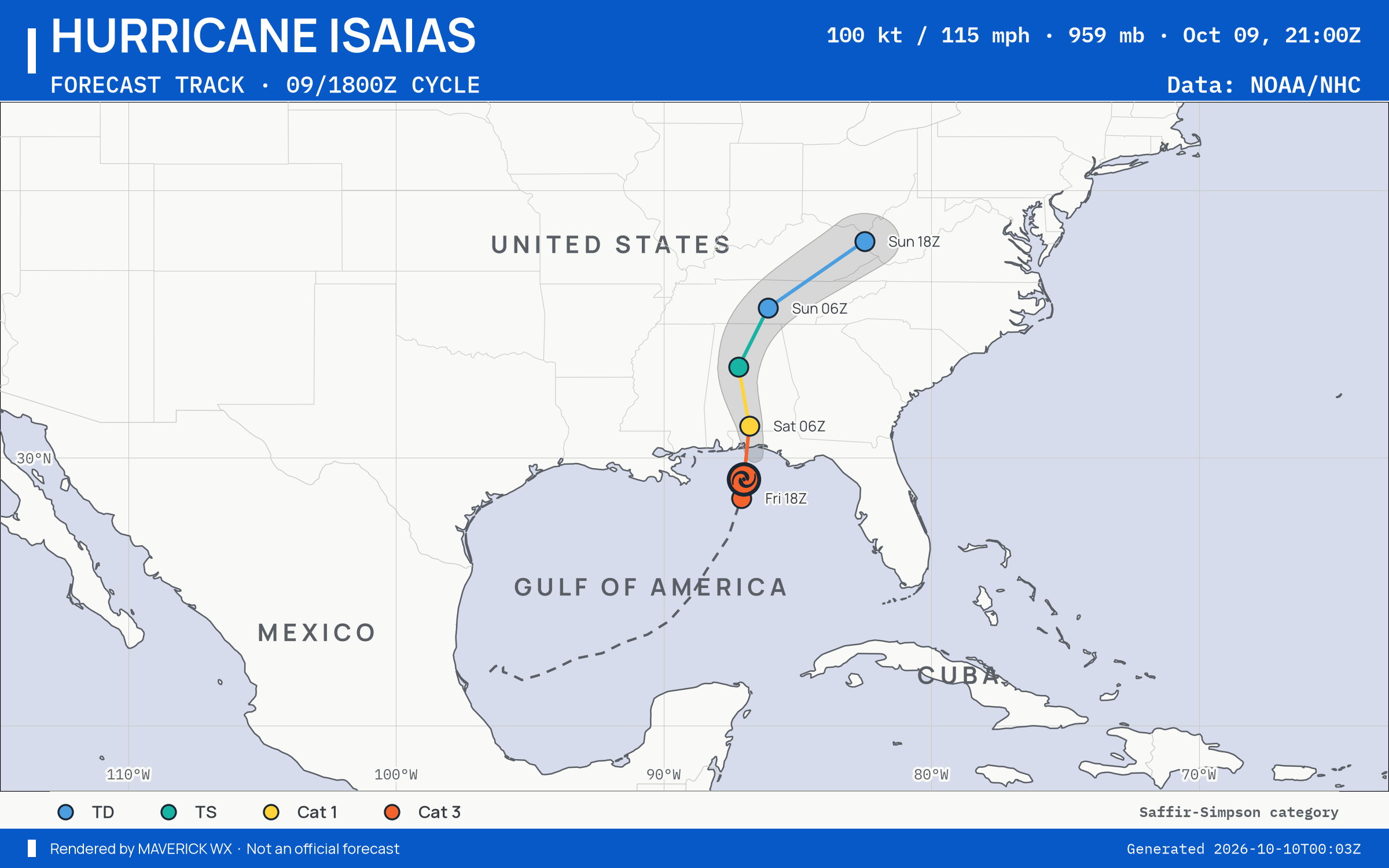 The official forecast track for Category 3 Hurricane Isaias, NHC Advisory 13