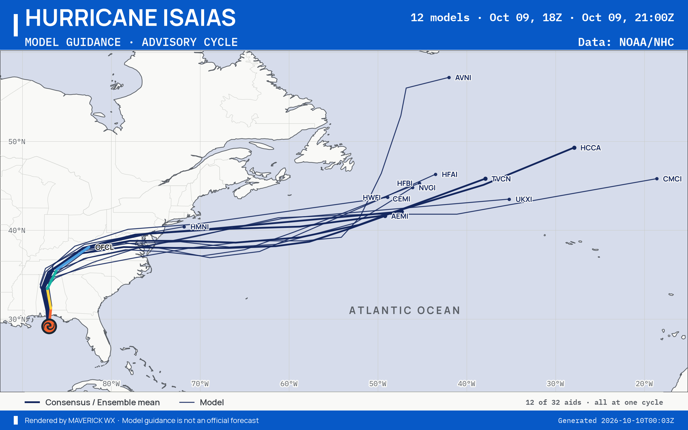 The models’ tracks, which are not a forecast for Category 3 Hurricane Isaias, NHC Advisory 13