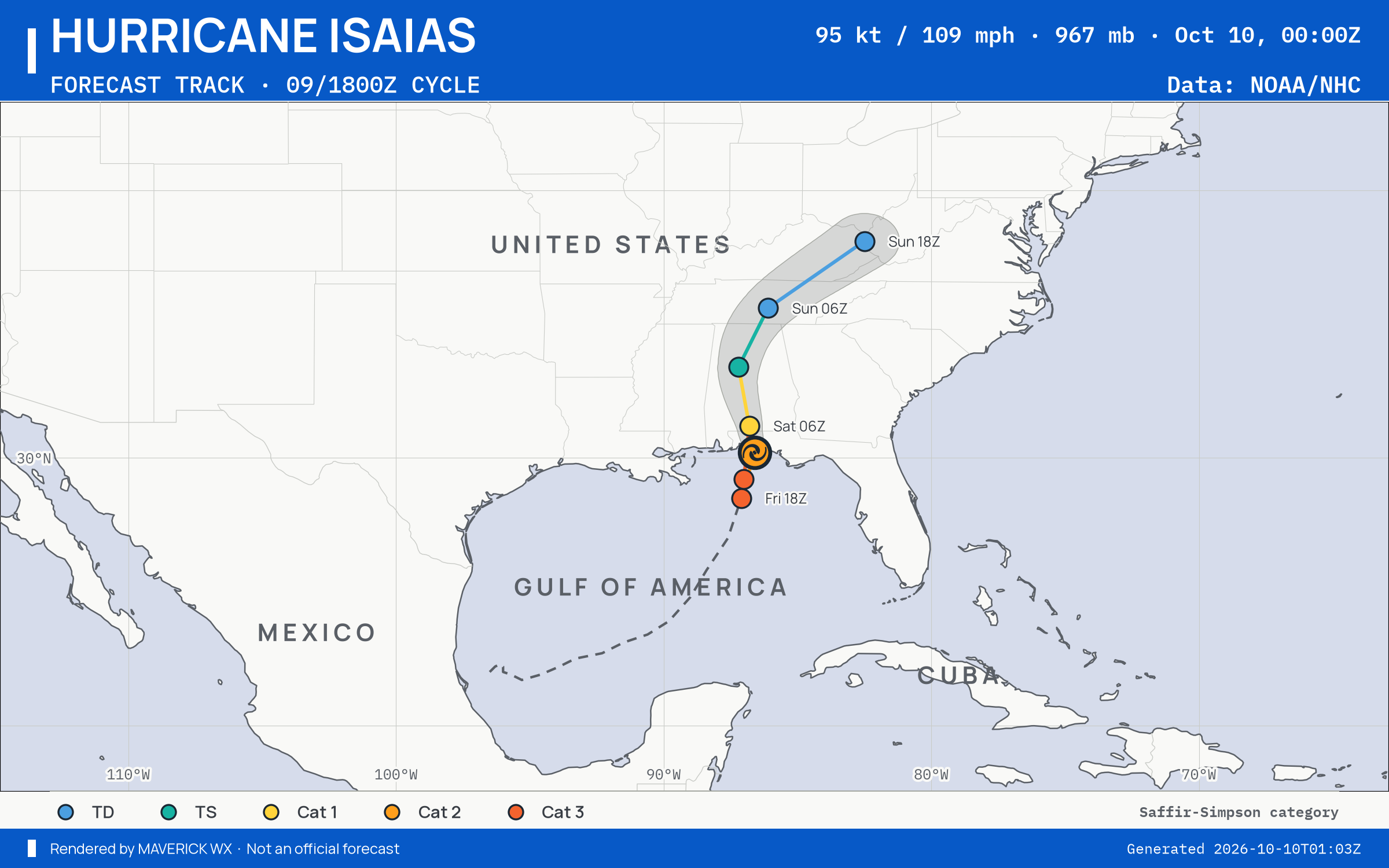 NHC forecast for Category 2 Hurricane Isaias, Best track; rendered by MaverickWX