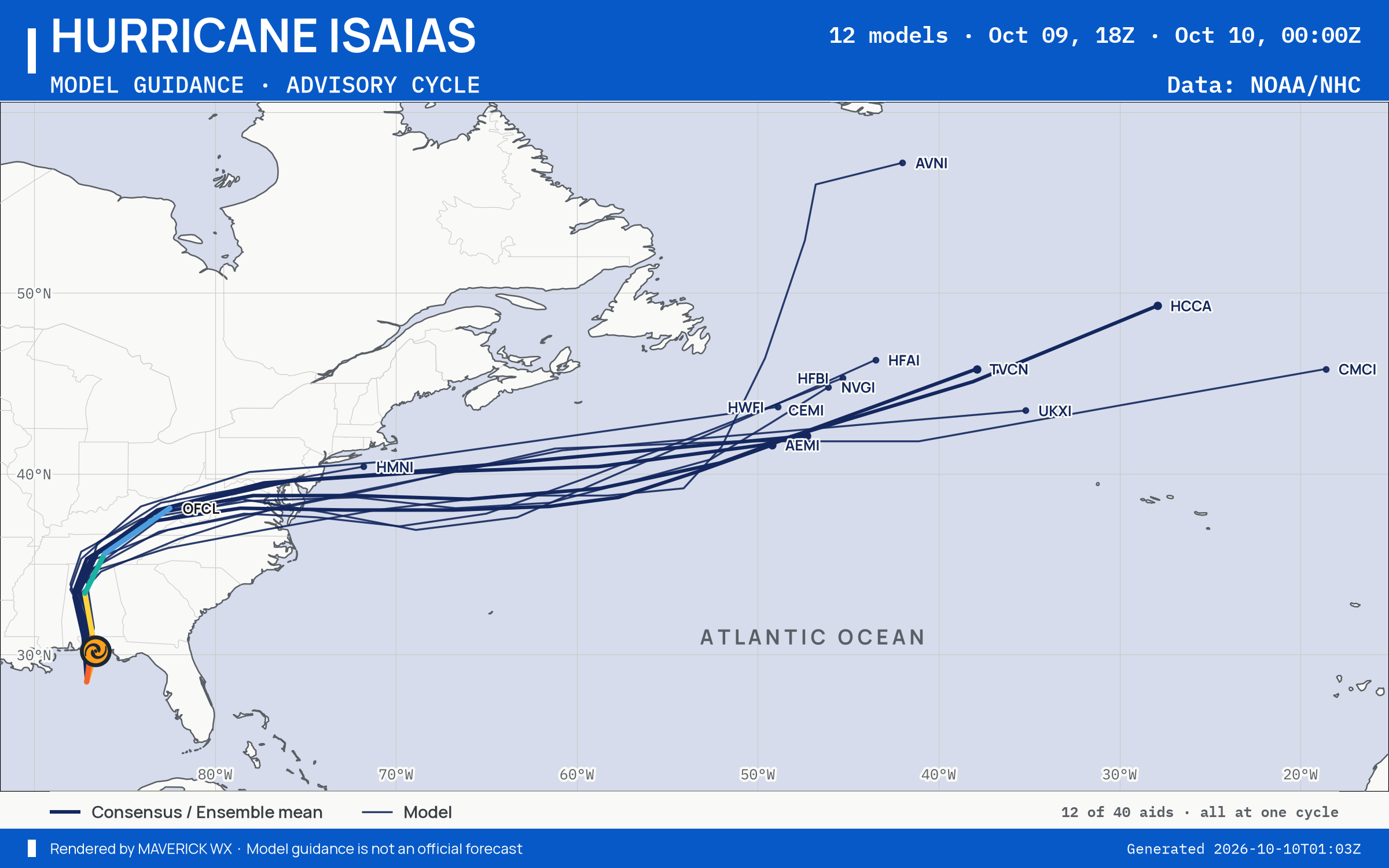 The models’ tracks, which are not a forecast for Category 2 Hurricane Isaias, NHC Best track