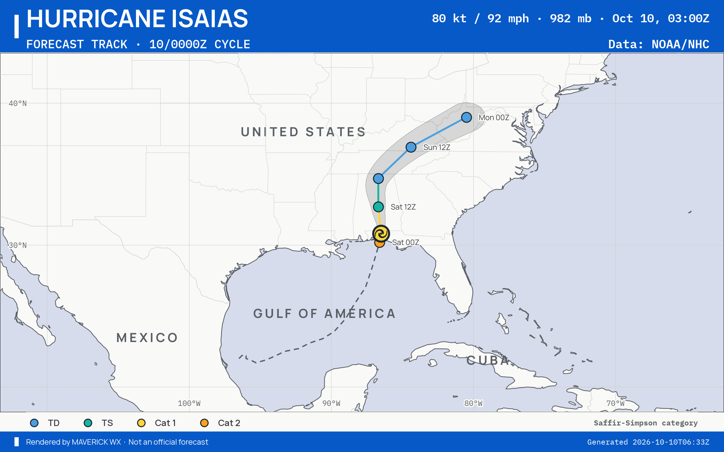 The official forecast track for Category 1 Hurricane Isaias, NHC Advisory 14