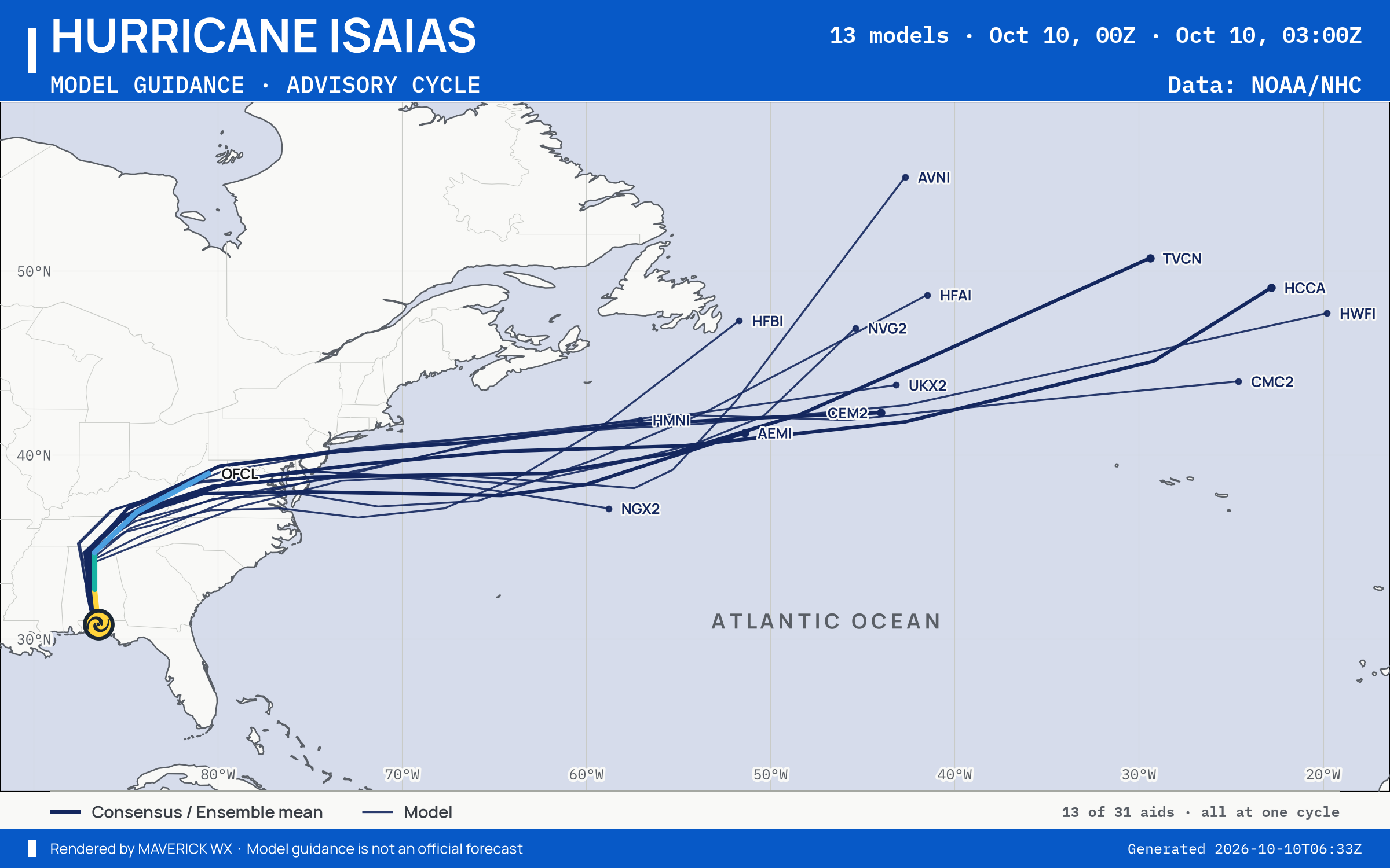 The models’ tracks, which are not a forecast for Category 1 Hurricane Isaias, NHC Advisory 14